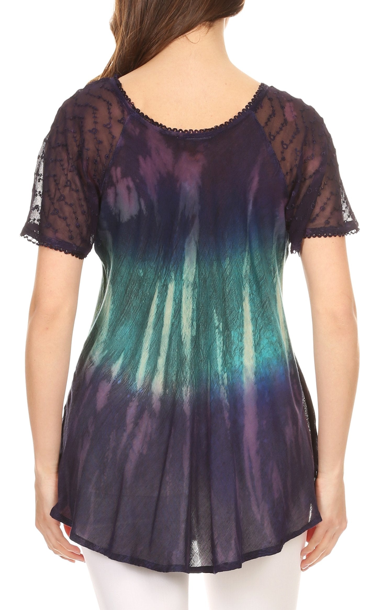 Sakkas Nayen Tie-Dye Sheer Cap Sleeve Embellished Relaxed Fit Drawstring Tunic Top - Concordia Style Boutique