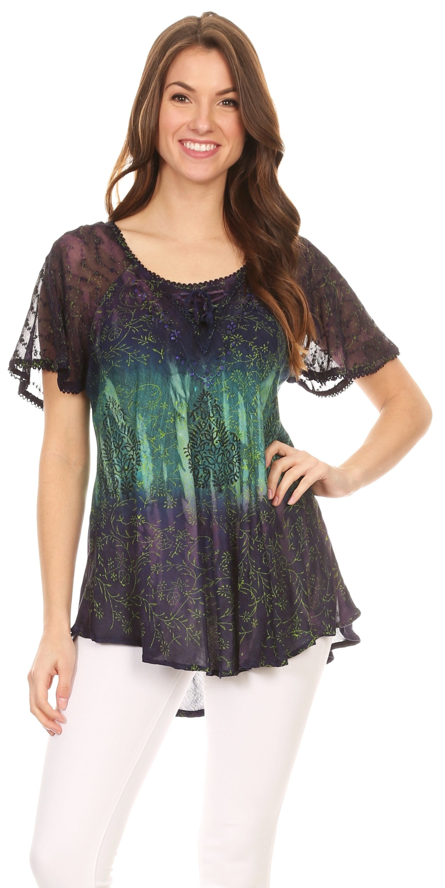 Sakkas Nayen Tie-Dye Sheer Cap Sleeve Embellished Relaxed Fit Drawstring Tunic Top - Concordia Style Boutique