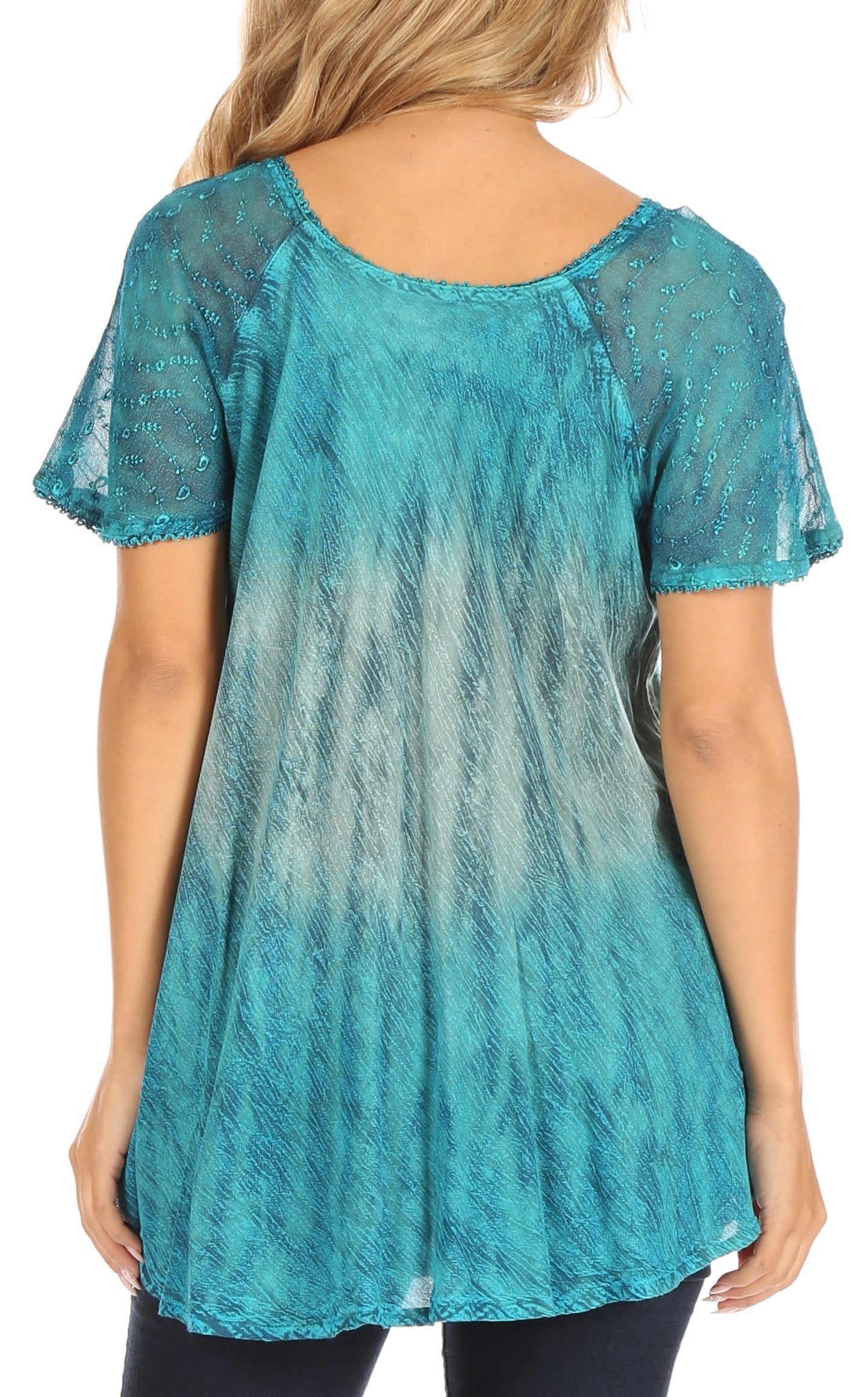Sakkas Nayen Tie-Dye Sheer Cap Sleeve Embellished Relaxed Fit Drawstring Tunic Top - Concordia Style Boutique