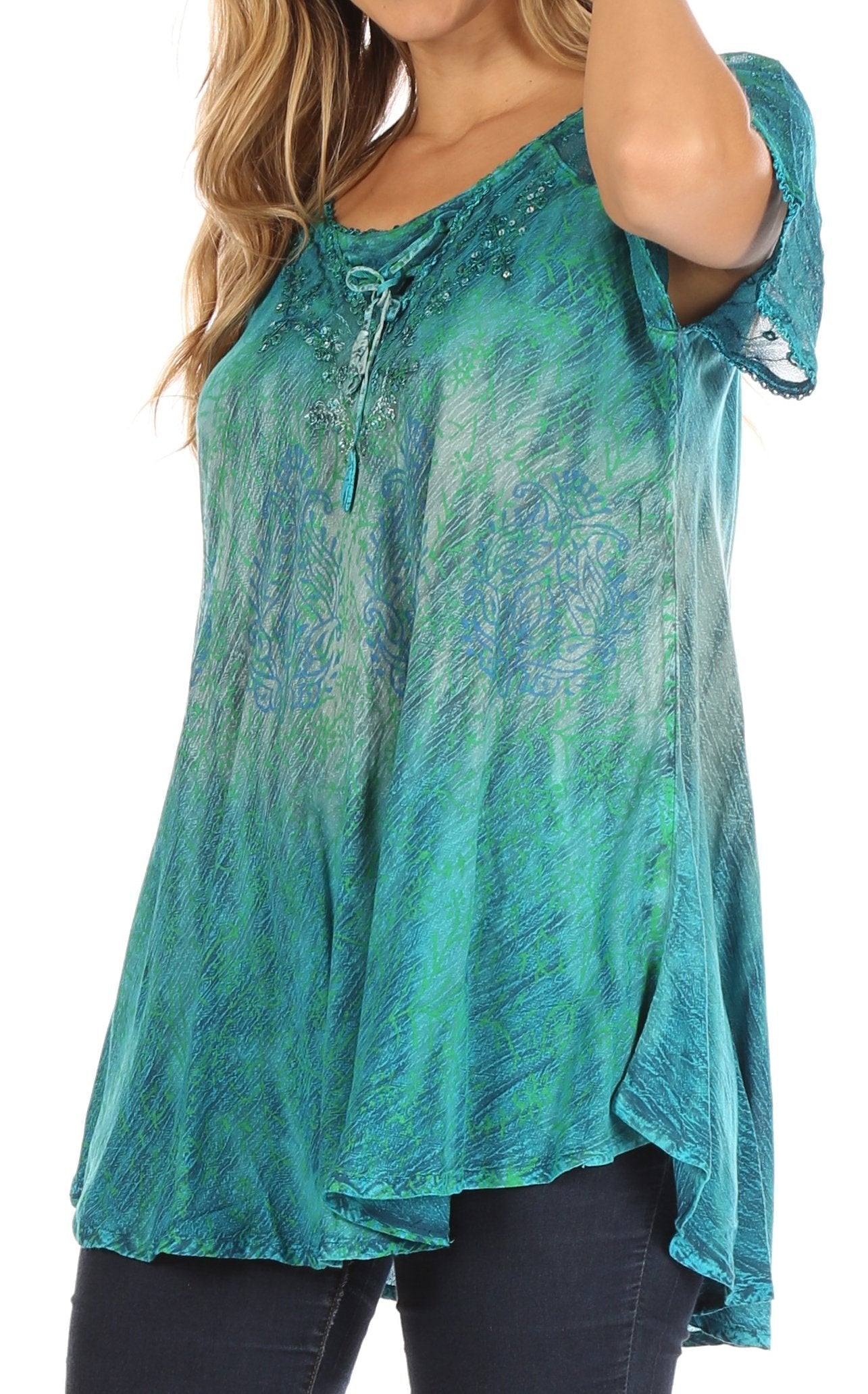 Sakkas Nayen Tie-Dye Sheer Cap Sleeve Embellished Relaxed Fit Drawstring Tunic Top - Concordia Style Boutique
