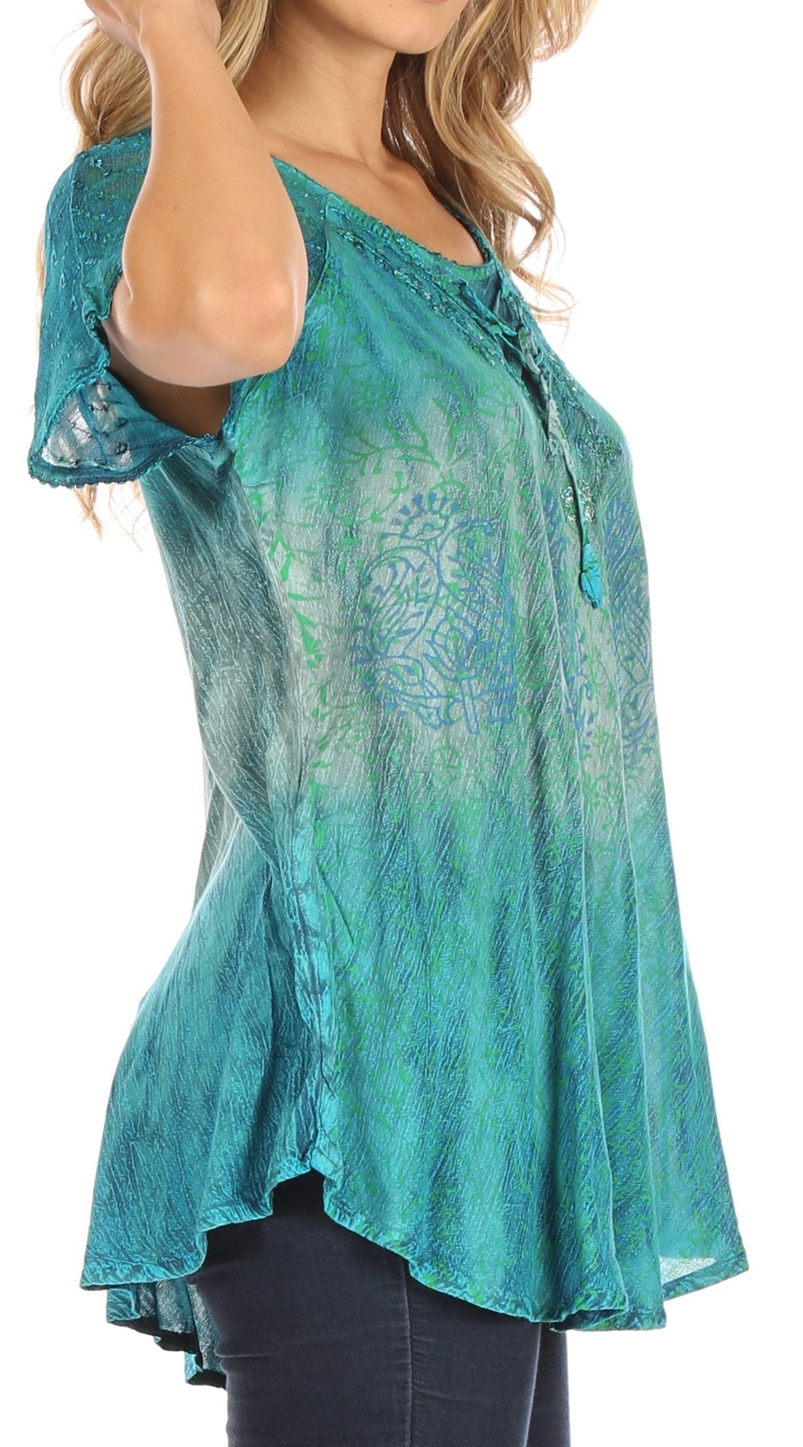 Sakkas Nayen Tie-Dye Sheer Cap Sleeve Embellished Relaxed Fit Drawstring Tunic Top - Concordia Style Boutique