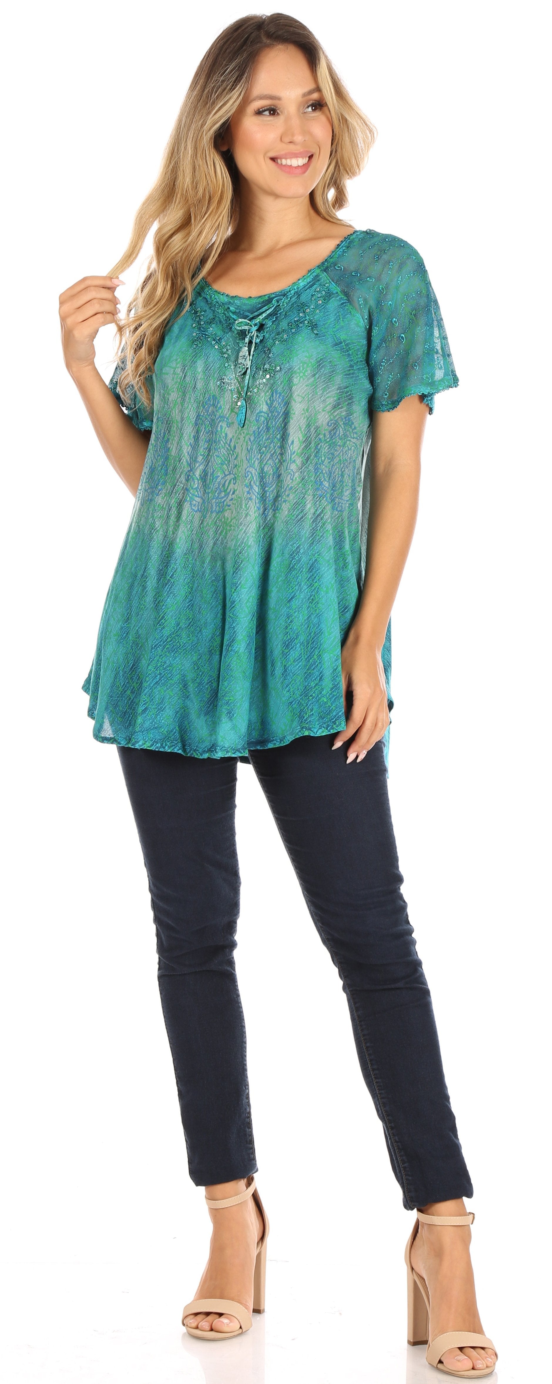 Sakkas Nayen Tie-Dye Sheer Cap Sleeve Embellished Relaxed Fit Drawstring Tunic Top - Concordia Style Boutique