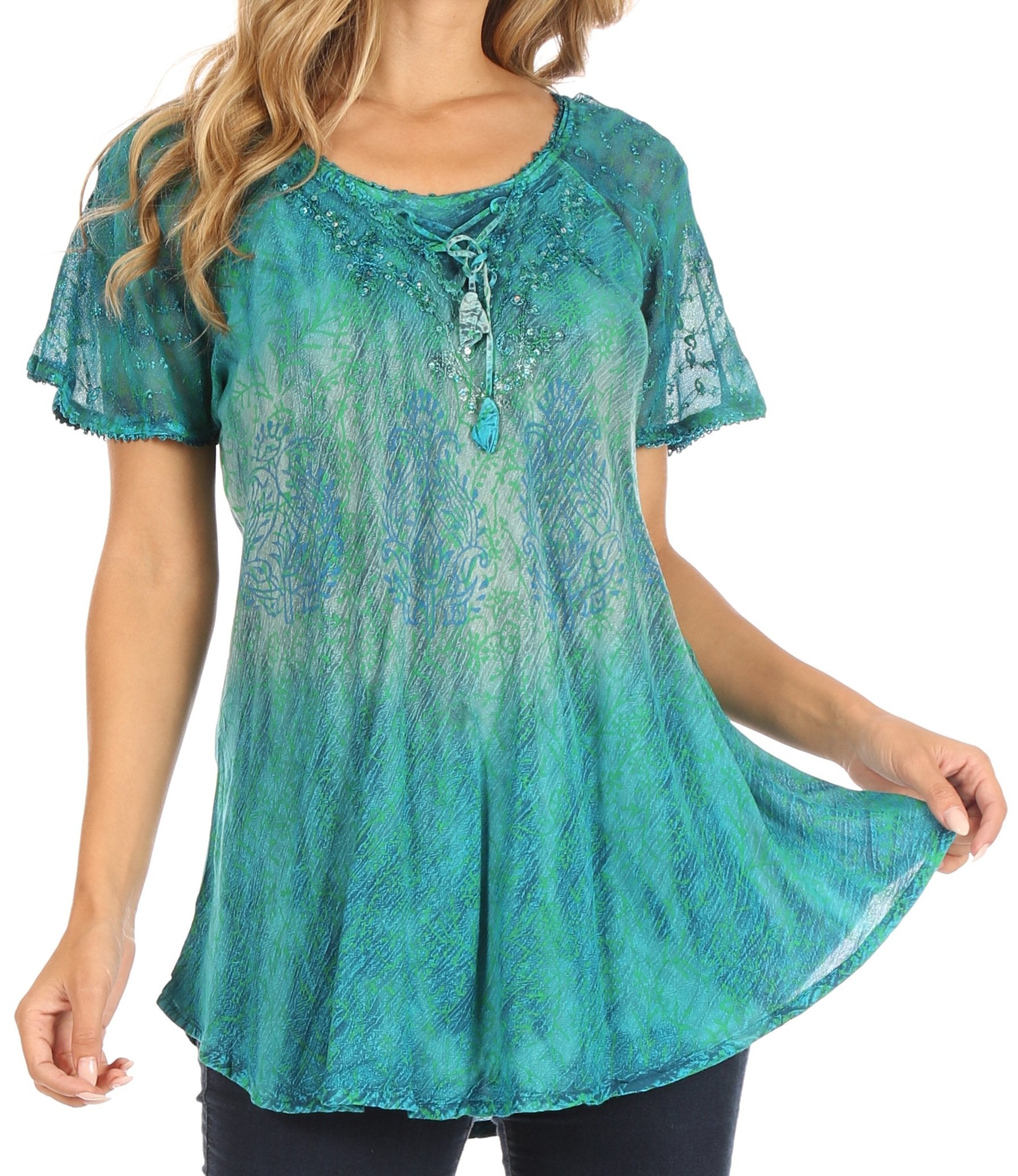 Sakkas Nayen Tie-Dye Sheer Cap Sleeve Embellished Relaxed Fit Drawstring Tunic Top - Concordia Style Boutique