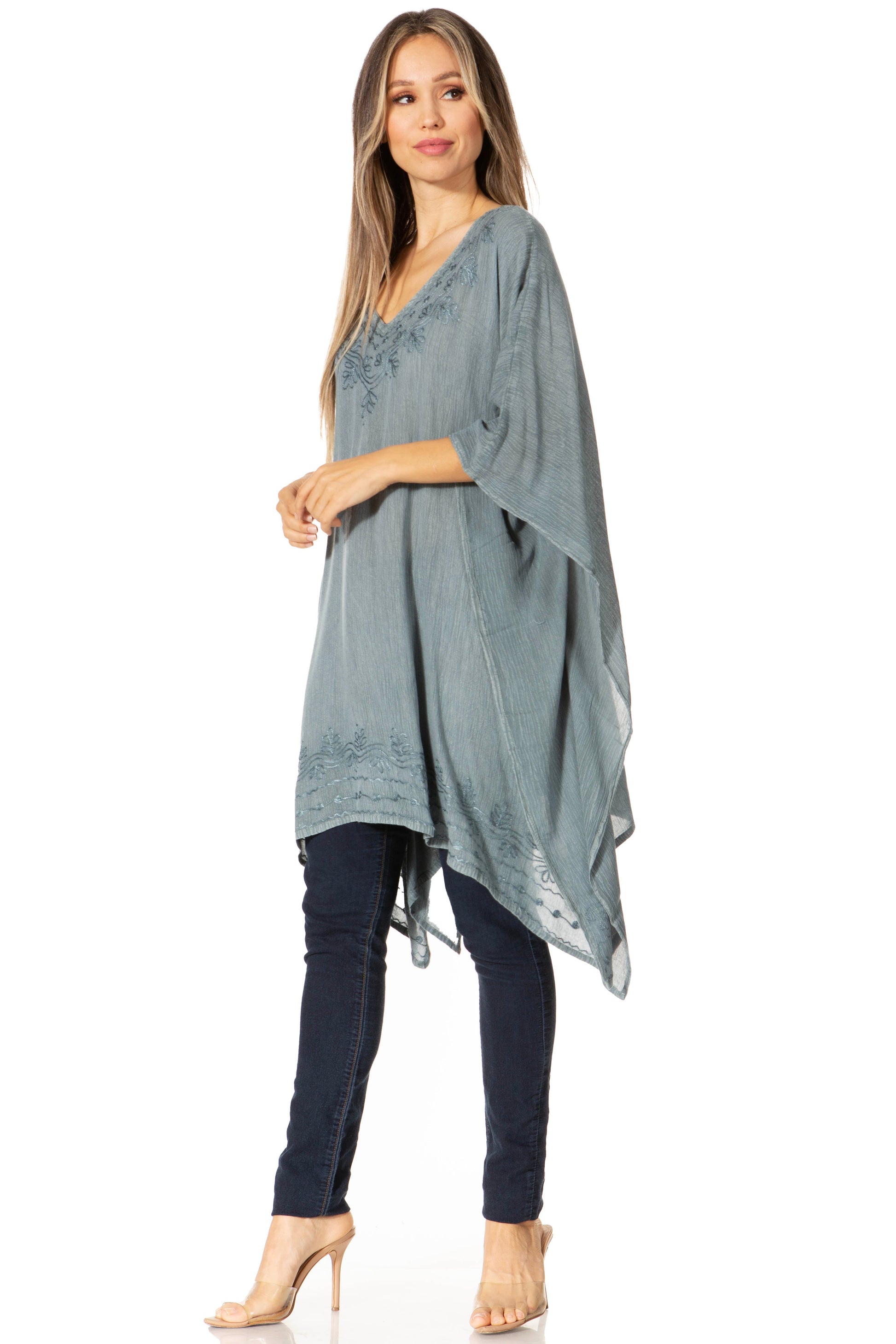 Sakkas Regina Women's Lightweight Stonewashed Poncho Top Blouse Caftan Cover up - Concordia Style Boutique