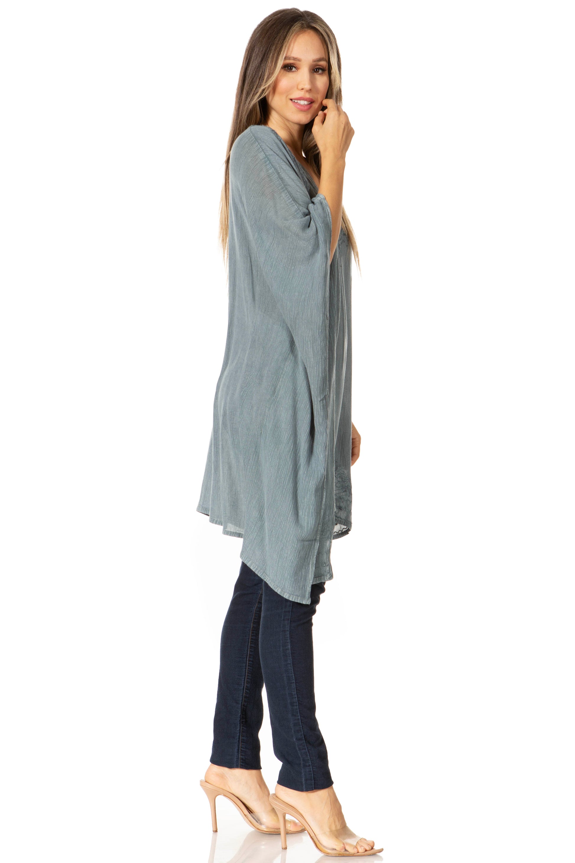 Sakkas Regina Women's Lightweight Stonewashed Poncho Top Blouse Caftan Cover up - Concordia Style Boutique