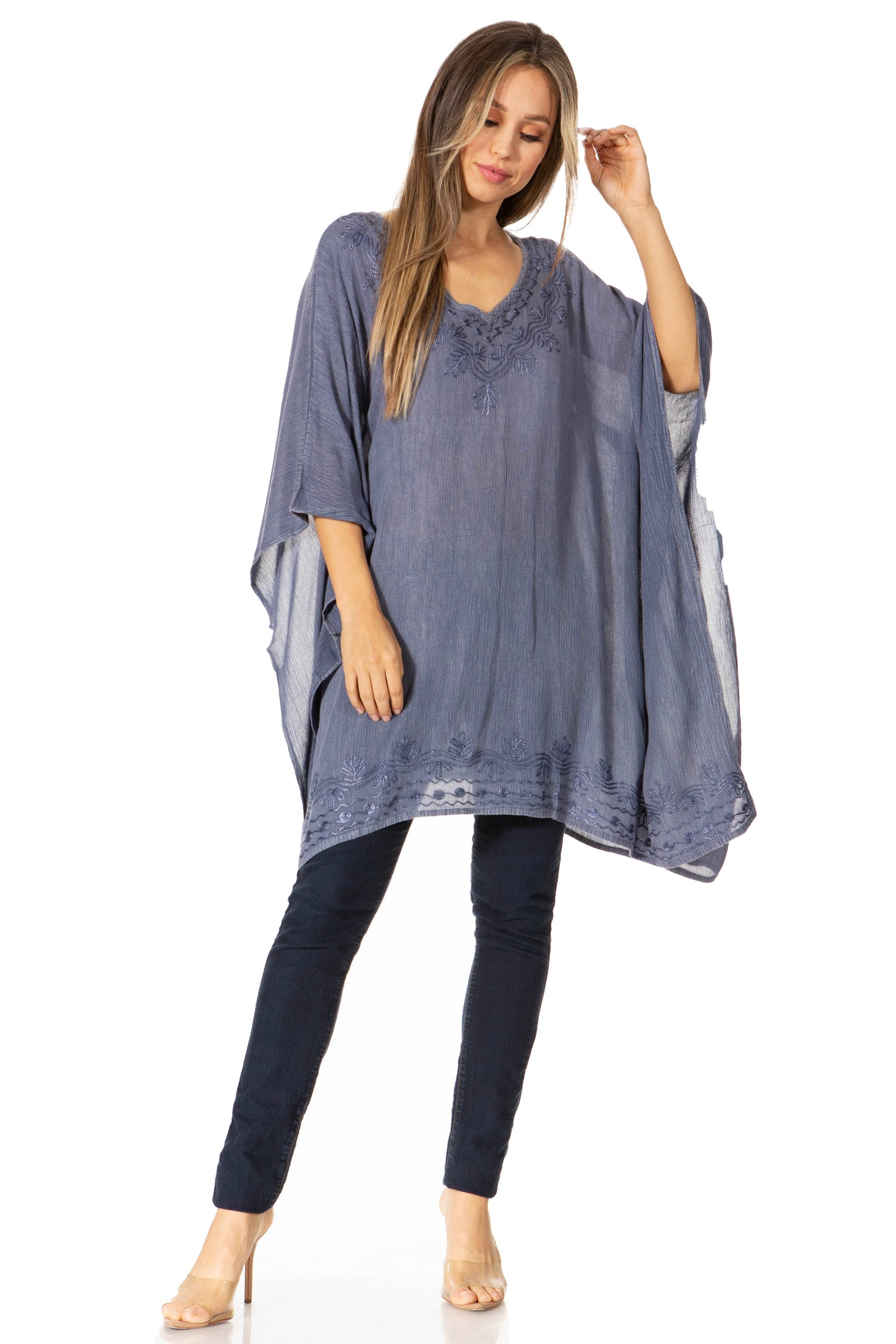 Sakkas Regina Women's Lightweight Stonewashed Poncho Top Blouse Caftan Cover up - Concordia Style Boutique