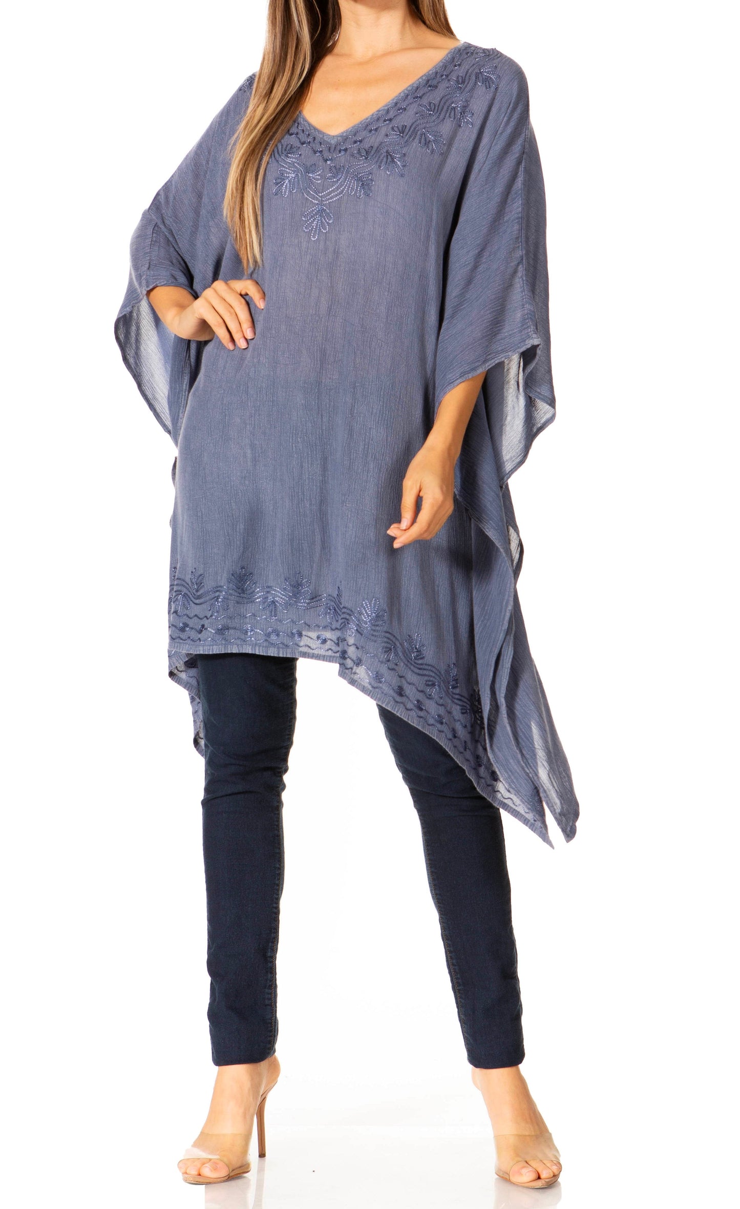 Sakkas Regina Women's Lightweight Stonewashed Poncho Top Blouse Caftan Cover up - Concordia Style Boutique