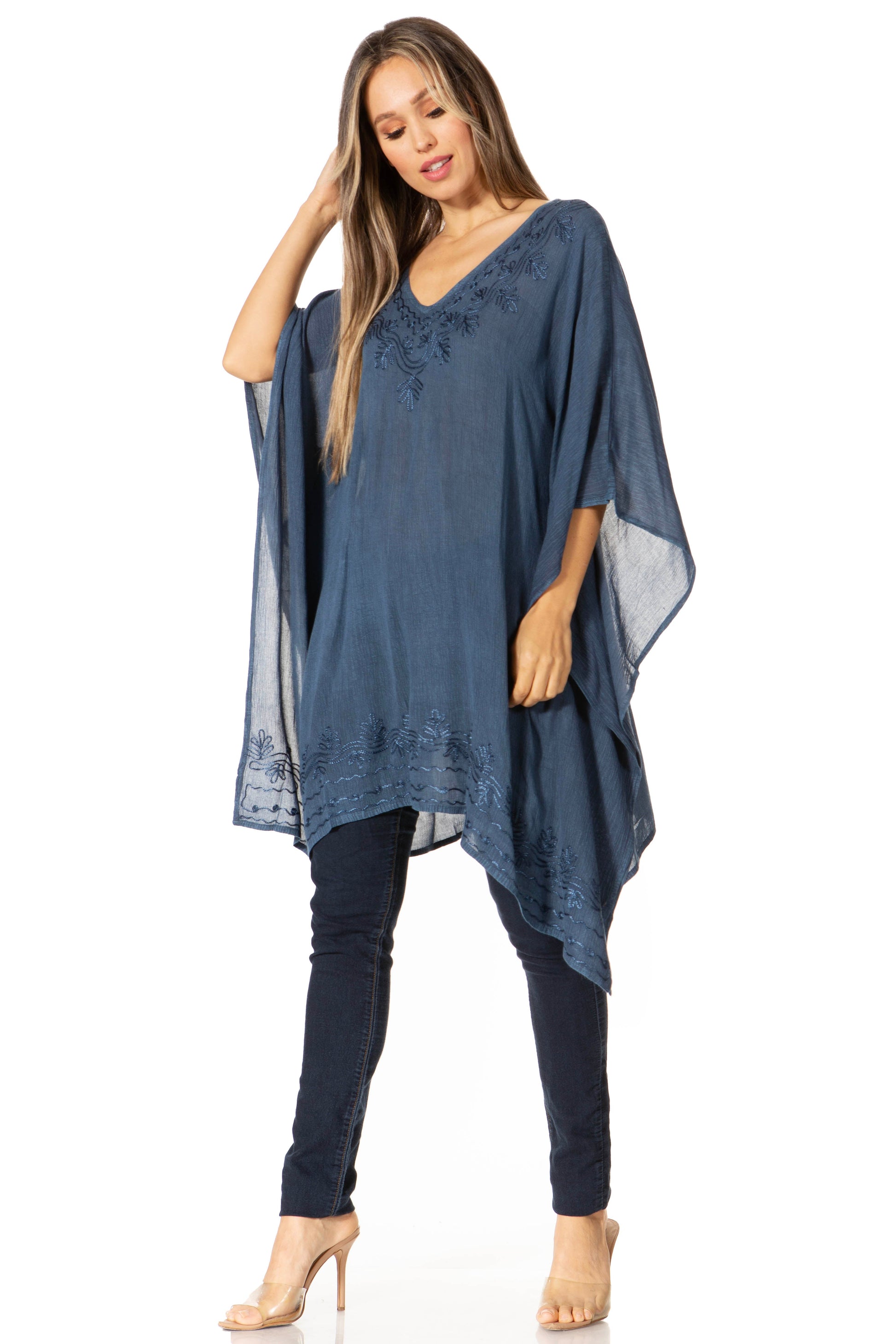 Sakkas Regina Women's Lightweight Stonewashed Poncho Top Blouse Caftan Cover up - Concordia Style Boutique