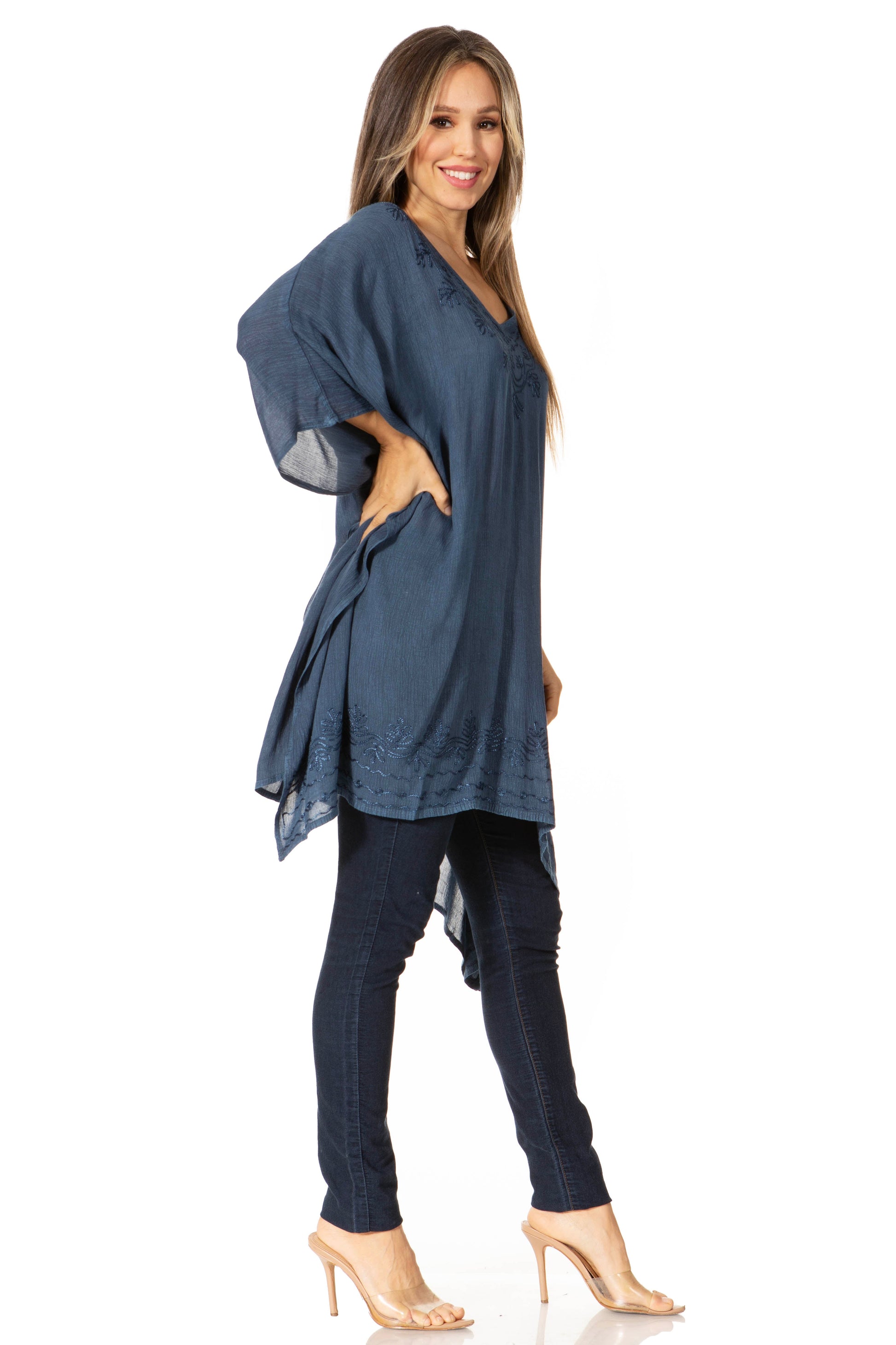 Sakkas Regina Women's Lightweight Stonewashed Poncho Top Blouse Caftan Cover up - Concordia Style Boutique