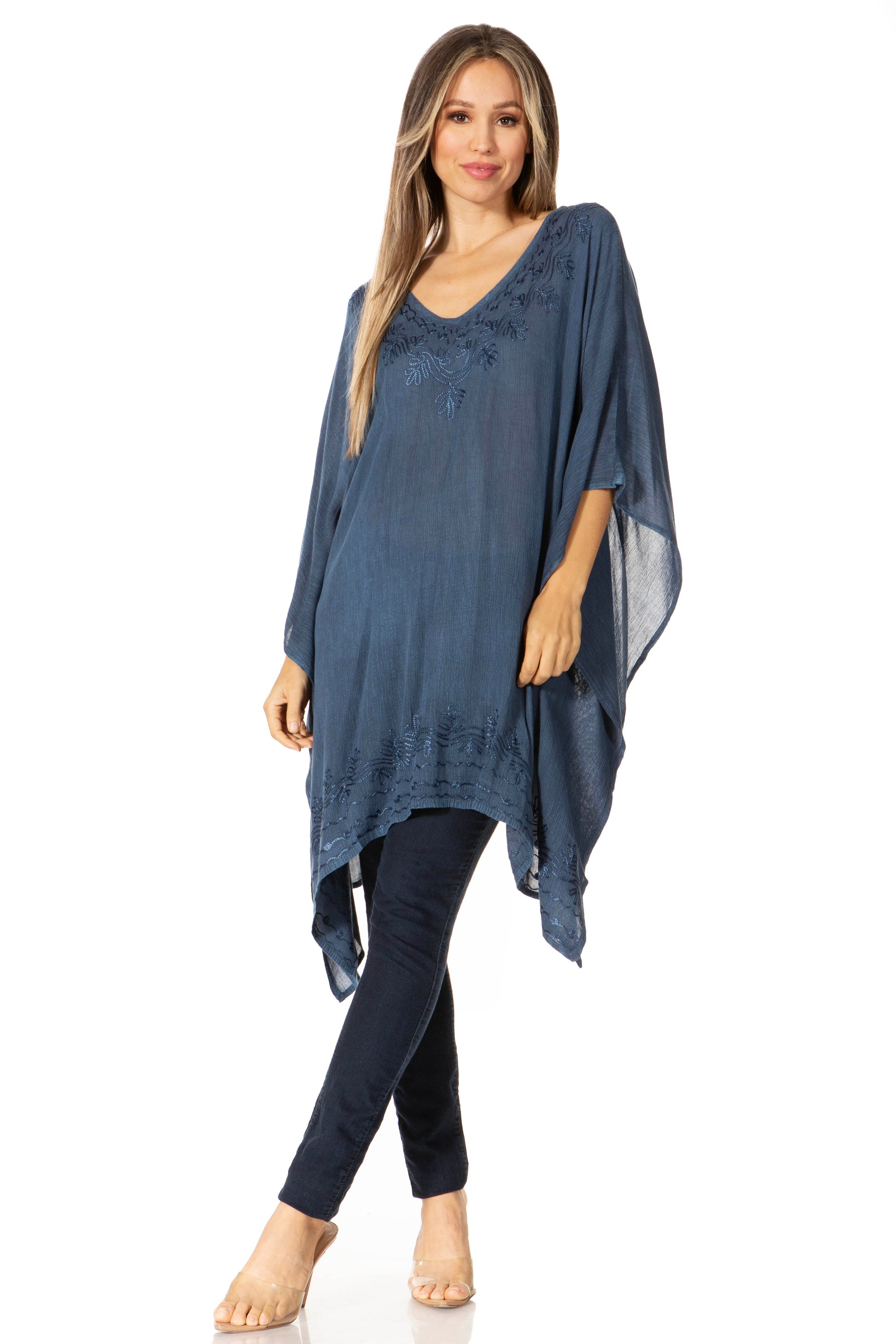 Sakkas Regina Women's Lightweight Stonewashed Poncho Top Blouse Caftan Cover up - Concordia Style Boutique