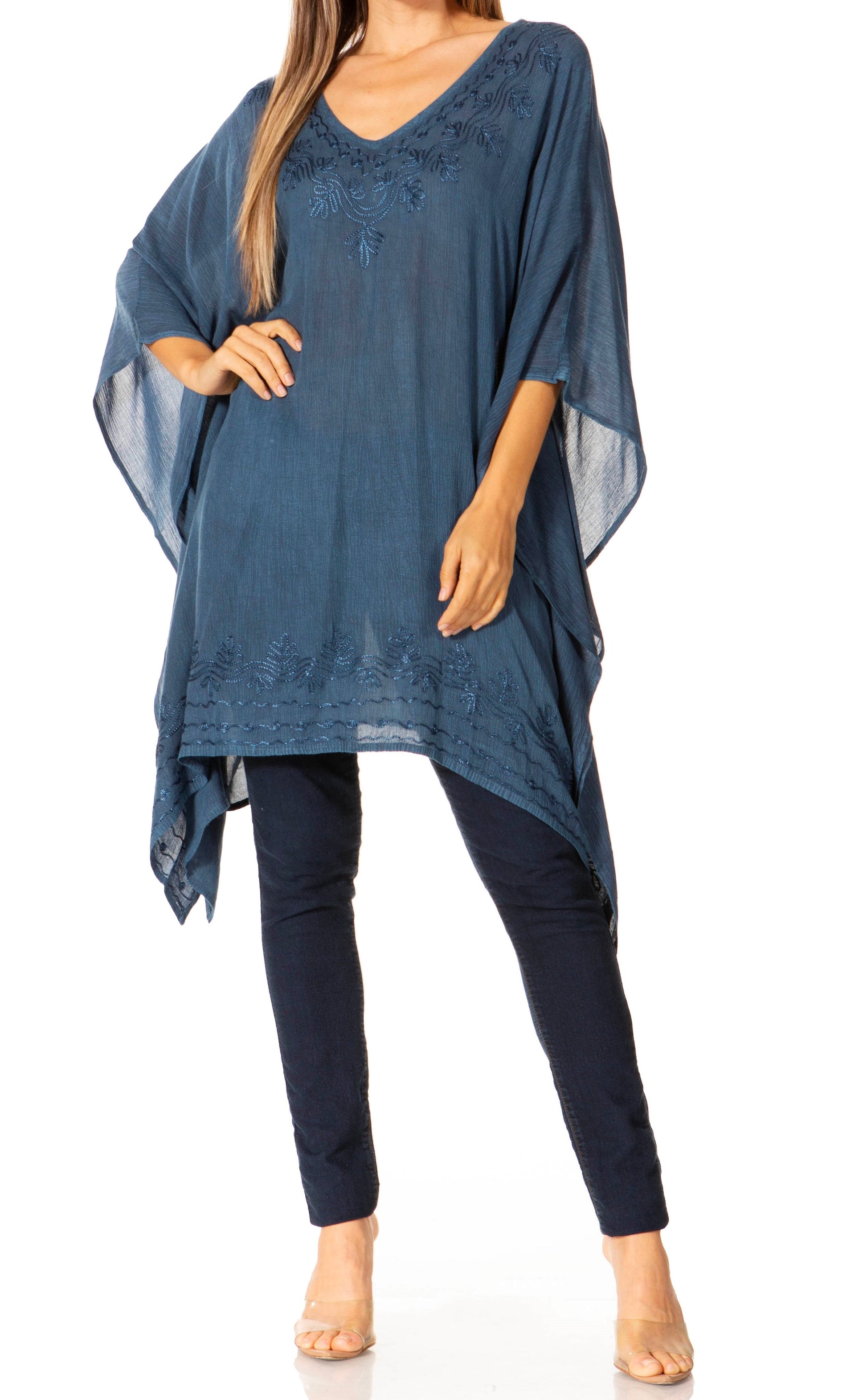 Sakkas Regina Women's Lightweight Stonewashed Poncho Top Blouse Caftan Cover up - Concordia Style Boutique