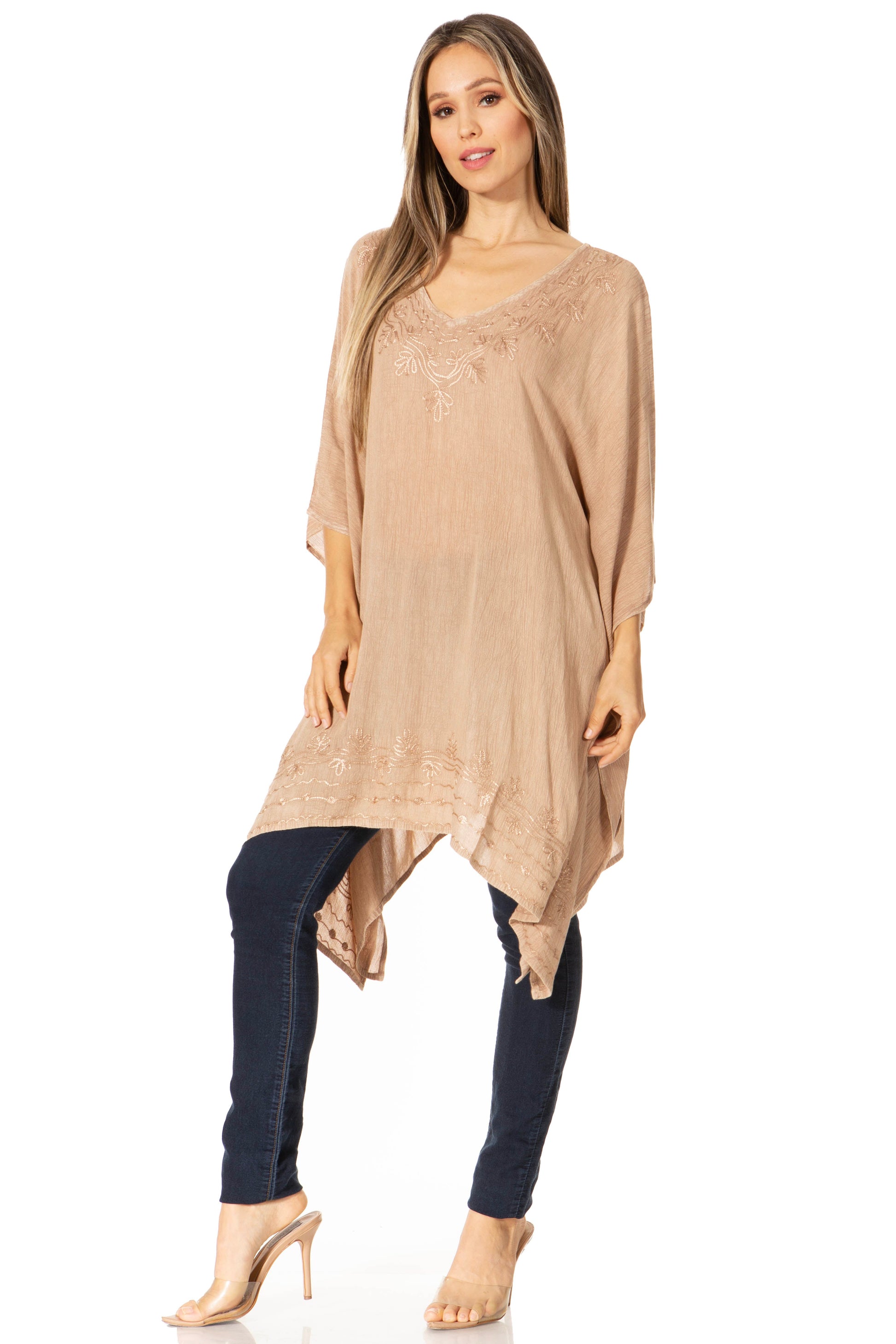 Sakkas Regina Women's Lightweight Stonewashed Poncho Top Blouse Caftan Cover up - Concordia Style Boutique