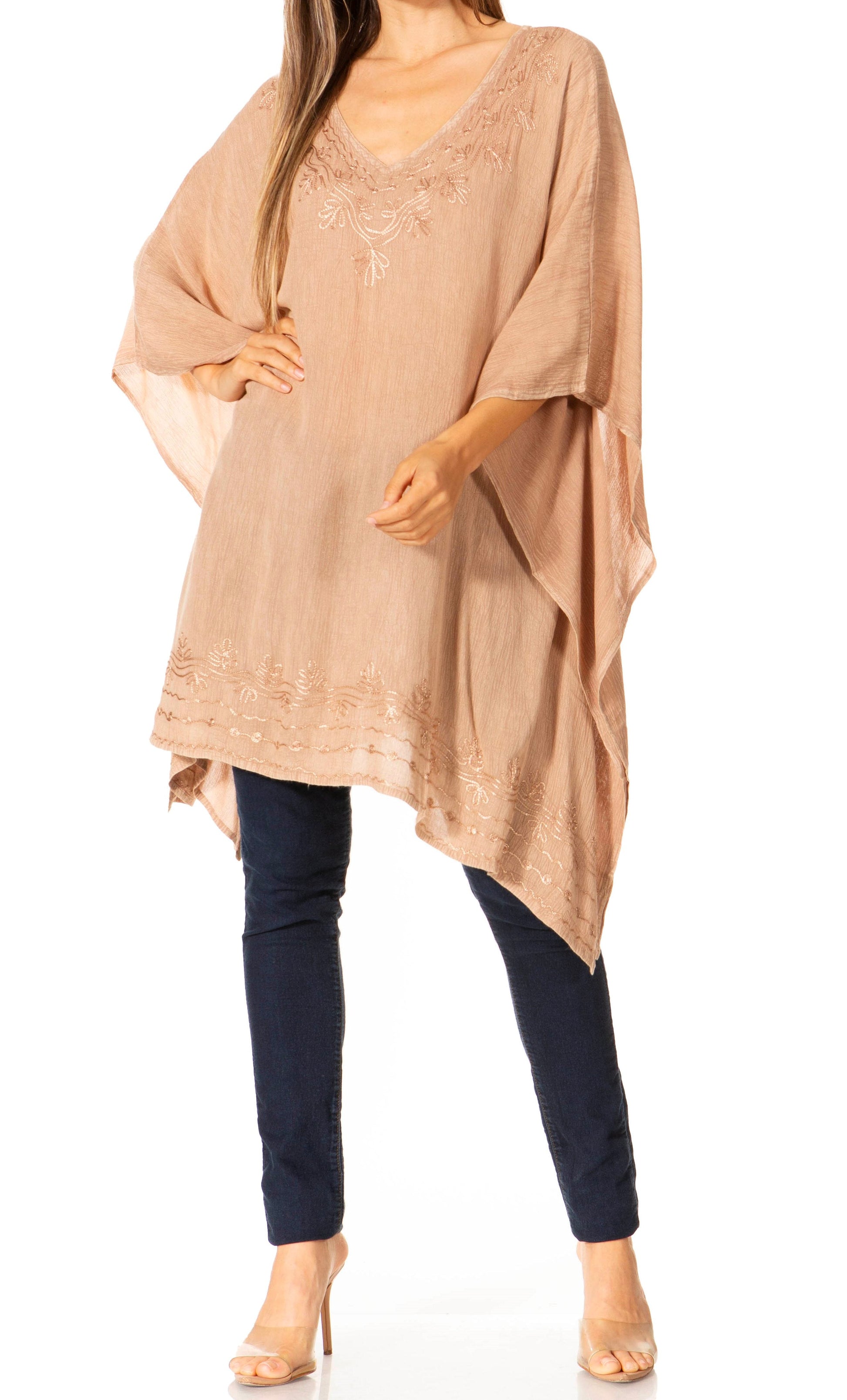 Sakkas Regina Women's Lightweight Stonewashed Poncho Top Blouse Caftan Cover up - Concordia Style Boutique