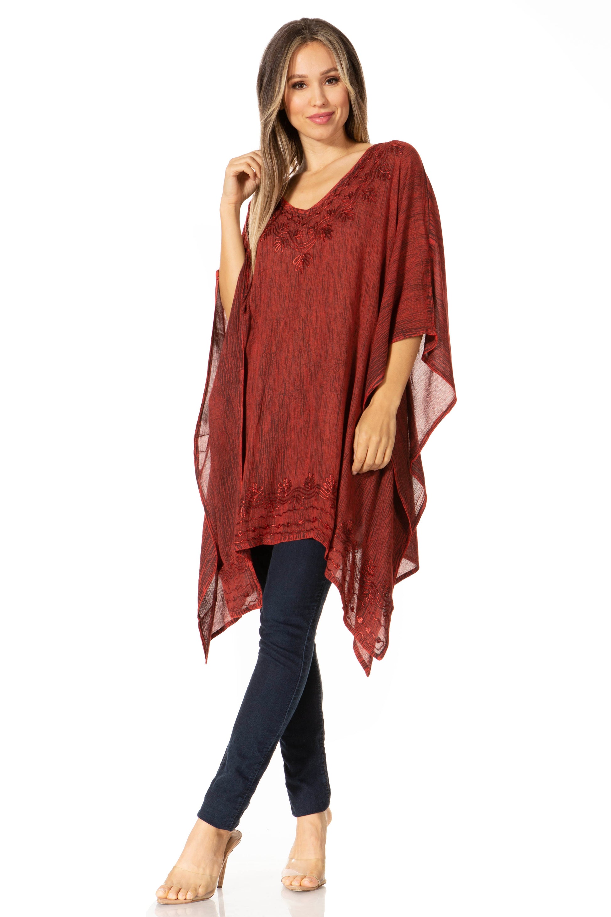 Sakkas Regina Women's Lightweight Stonewashed Poncho Top Blouse Caftan Cover up - Concordia Style Boutique