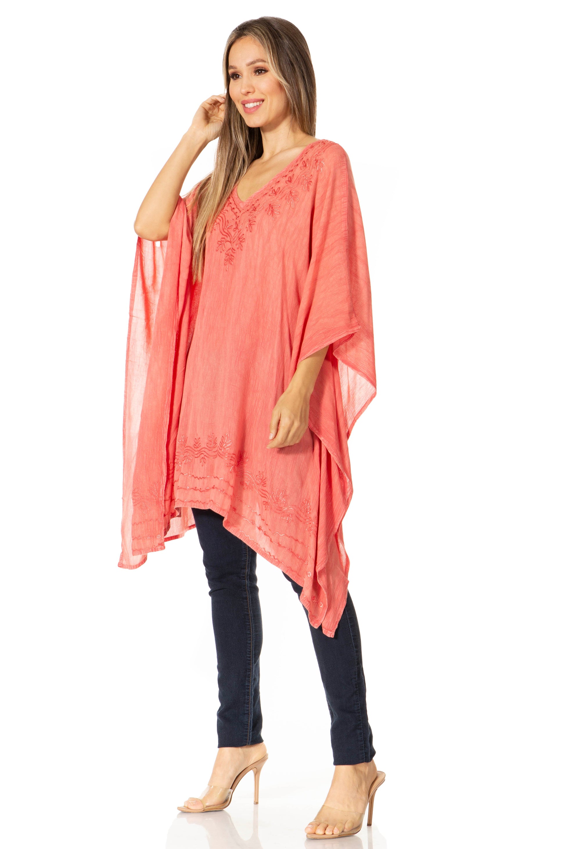 Sakkas Regina Women's Lightweight Stonewashed Poncho Top Blouse Caftan Cover up - Concordia Style Boutique