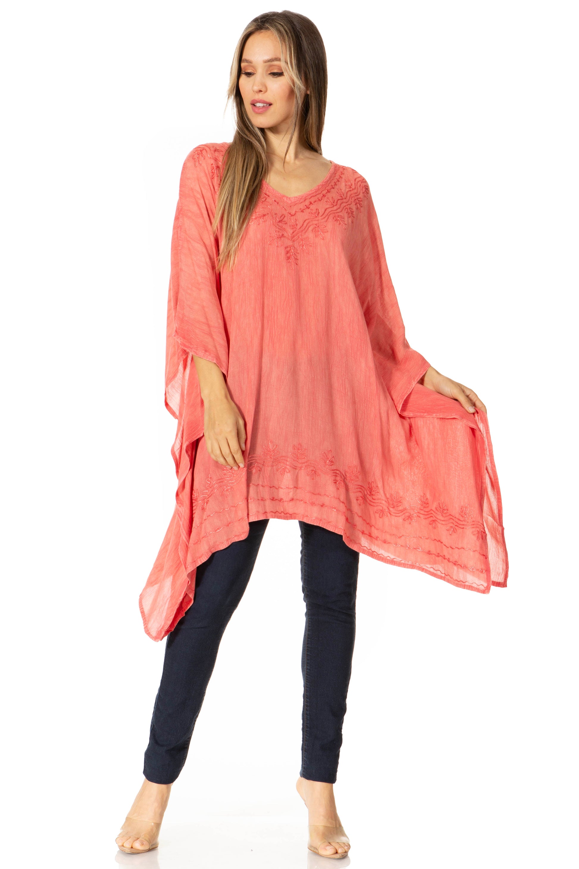 Sakkas Regina Women's Lightweight Stonewashed Poncho Top Blouse Caftan Cover up - Concordia Style Boutique