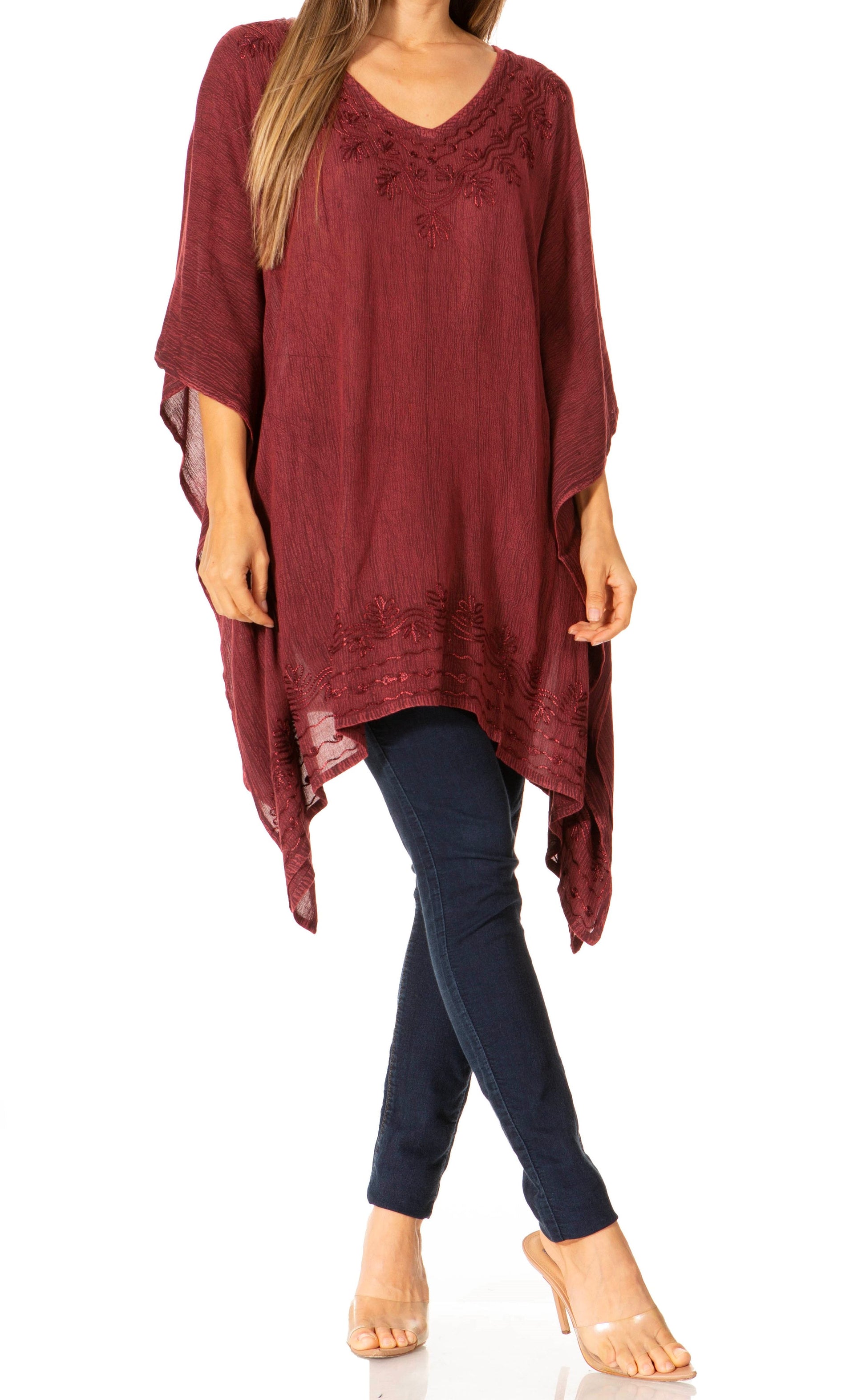 Sakkas Regina Women's Lightweight Stonewashed Poncho Top Blouse Caftan Cover up - Concordia Style Boutique