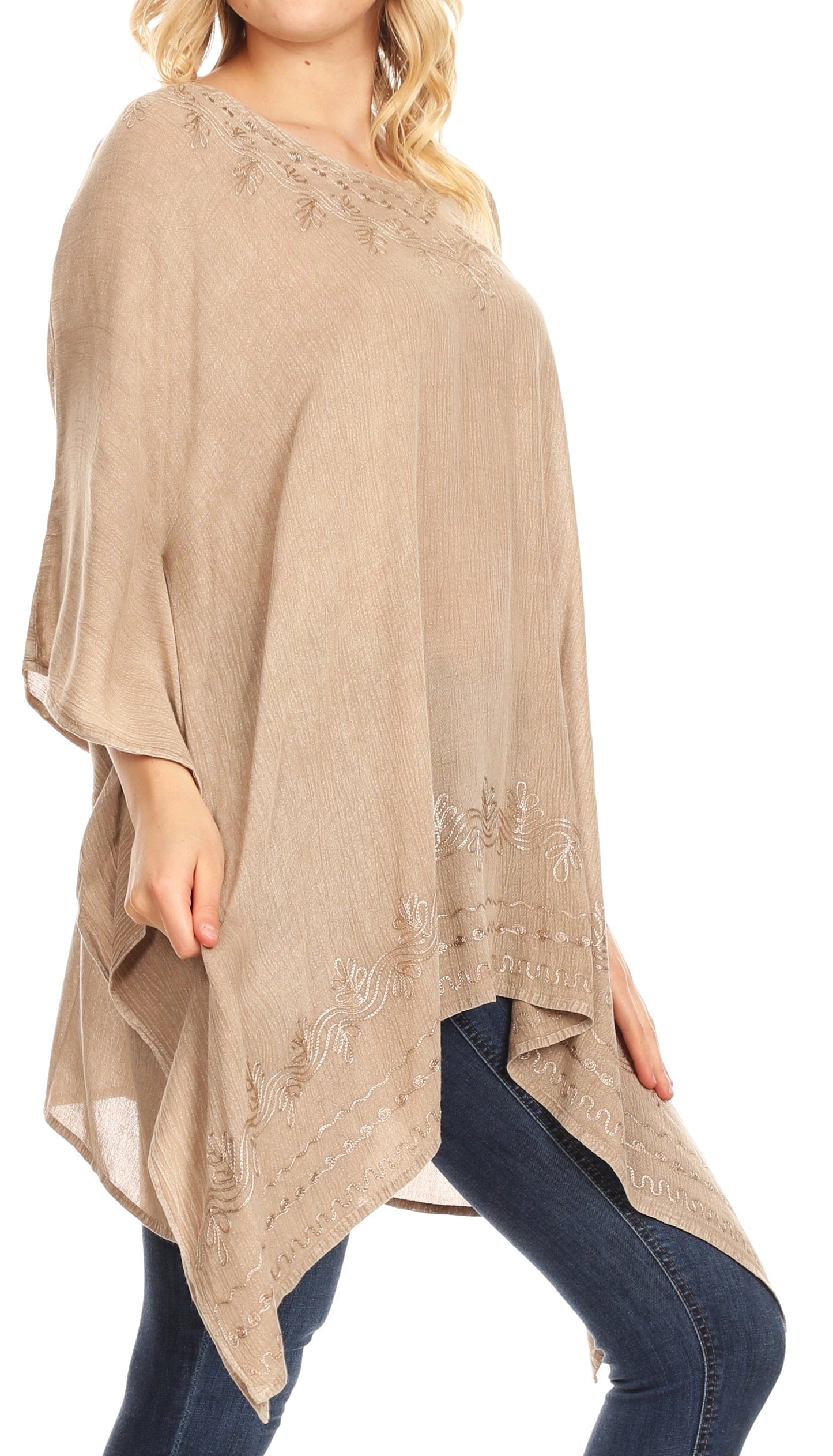Sakkas Regina Women's Lightweight Stonewashed Poncho Top Blouse Caftan Cover up - Concordia Style Boutique