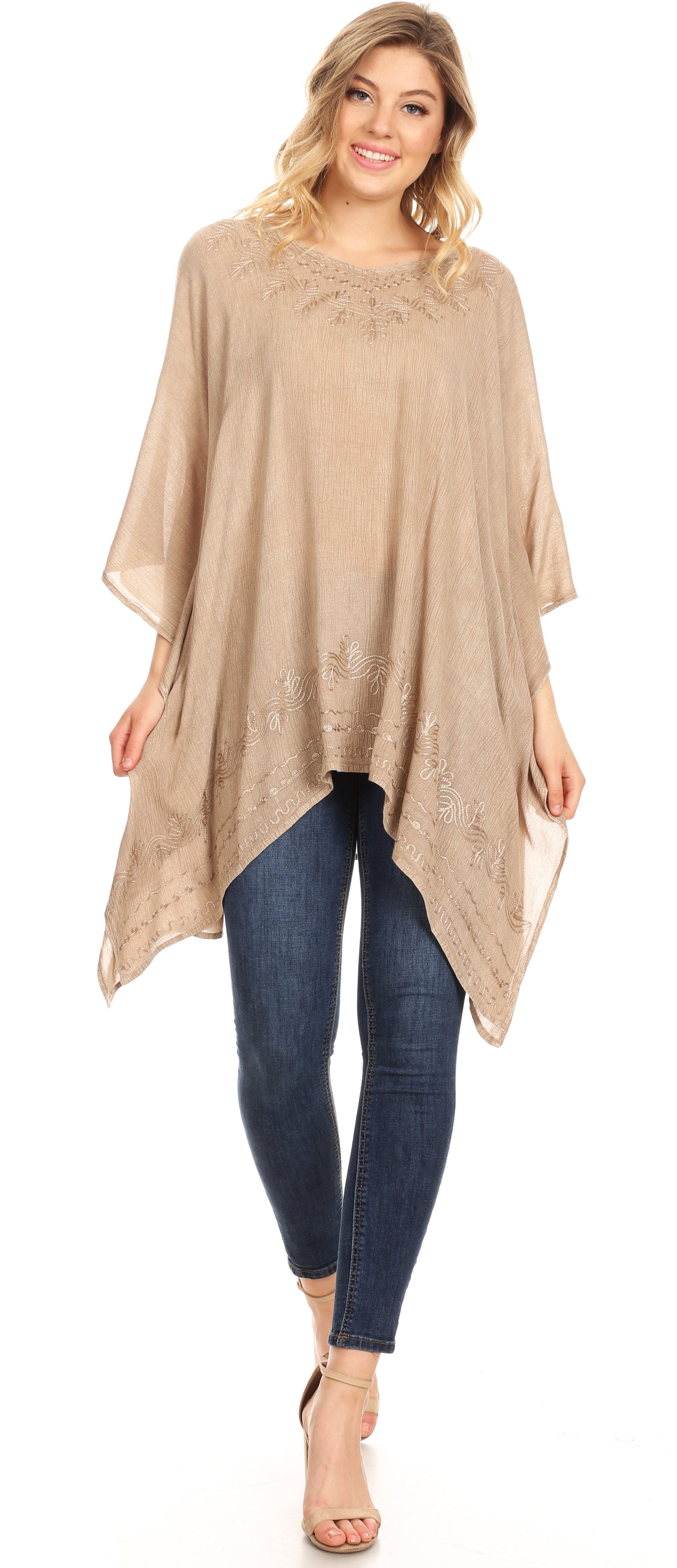 Sakkas Regina Women's Lightweight Stonewashed Poncho Top Blouse Caftan Cover up - Concordia Style Boutique