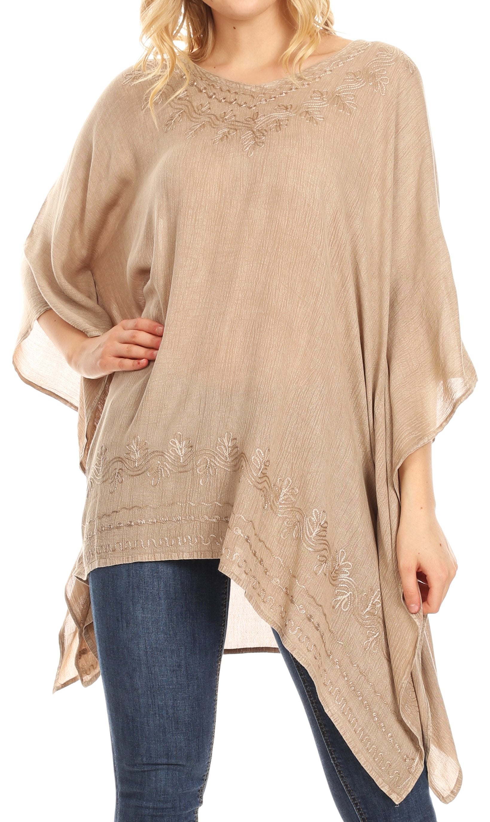 Sakkas Regina Women's Lightweight Stonewashed Poncho Top Blouse Caftan Cover up - Concordia Style Boutique