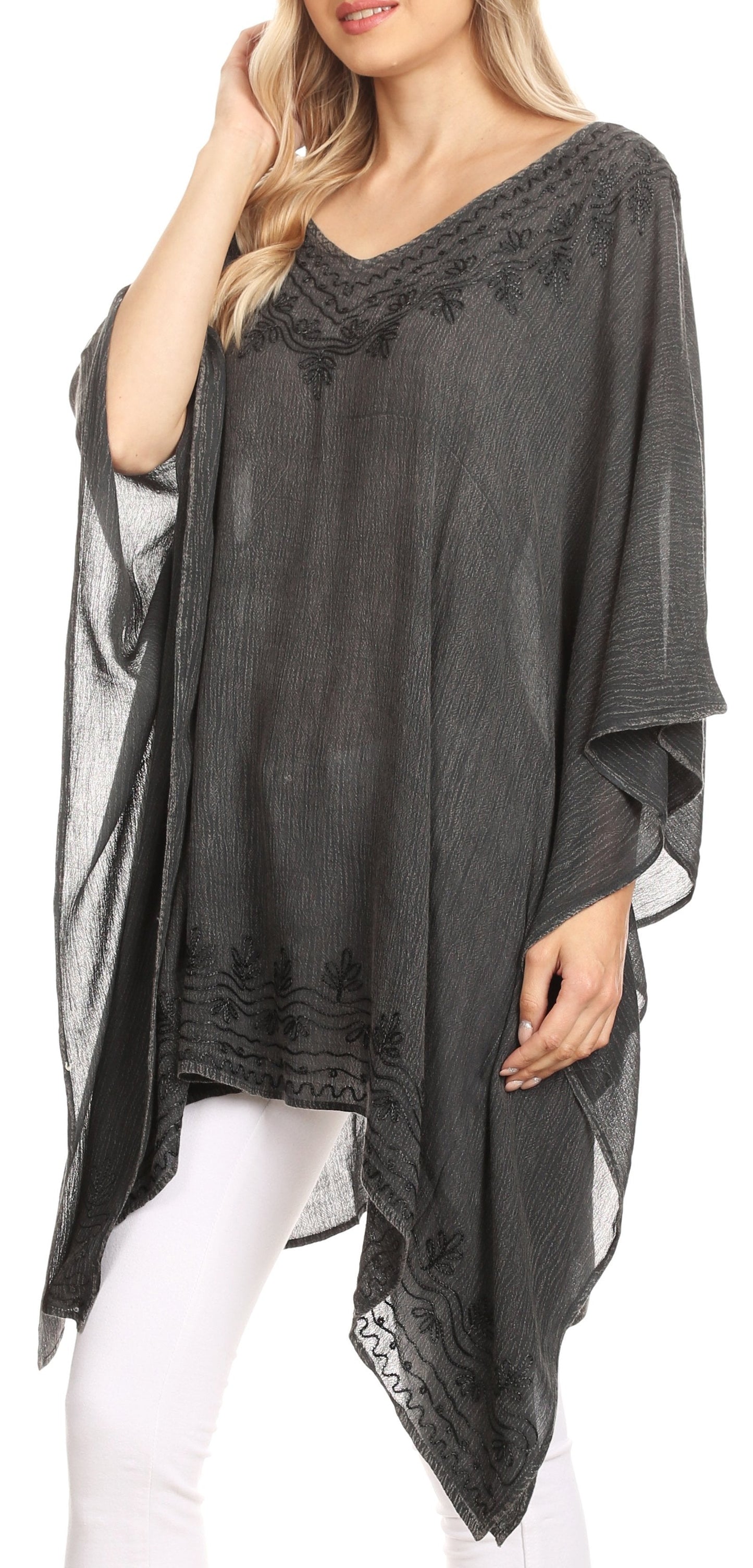 Sakkas Regina Women's Lightweight Stonewashed Poncho Top Blouse Caftan Cover up - Concordia Style Boutique