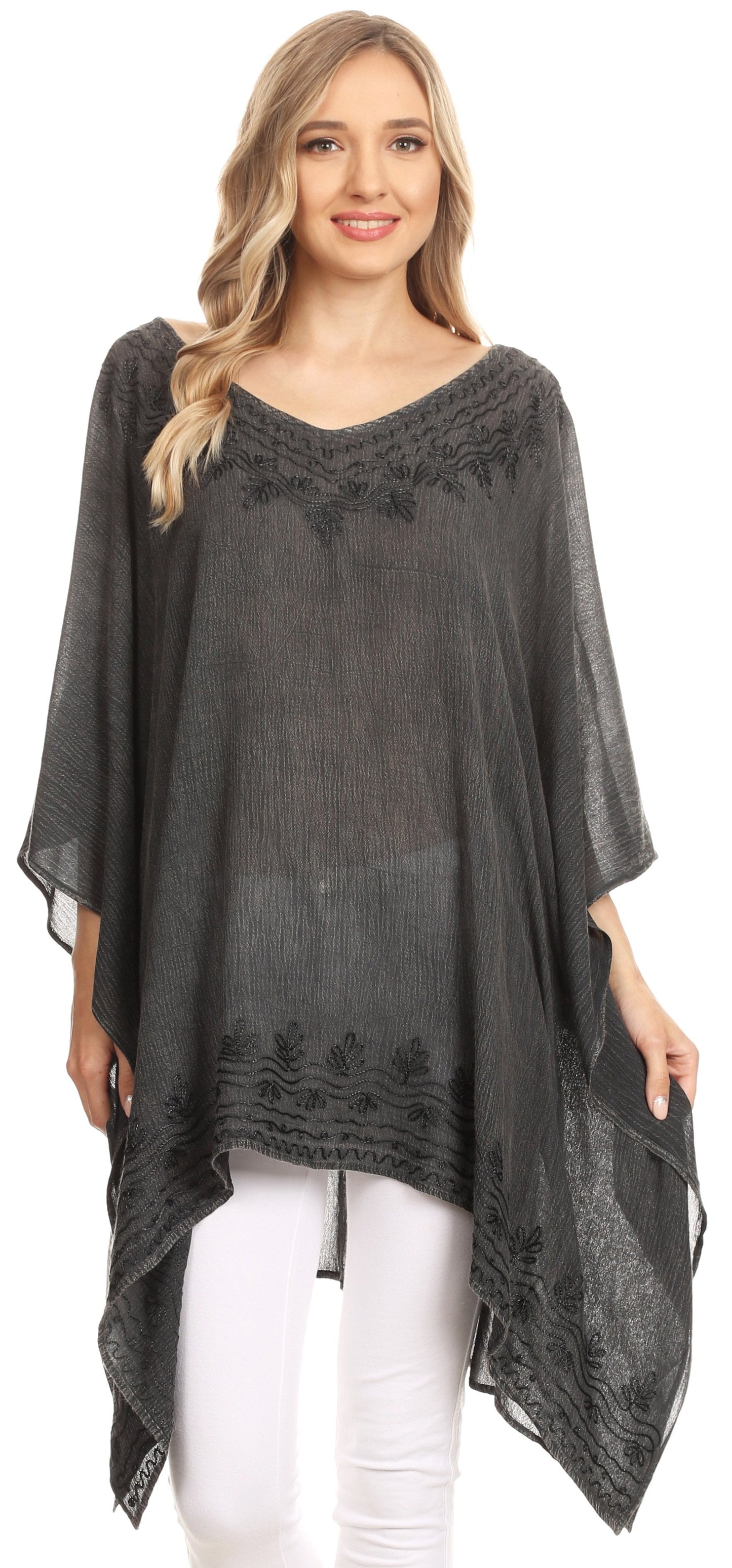 Sakkas Regina Women's Lightweight Stonewashed Poncho Top Blouse Caftan Cover up - Concordia Style Boutique