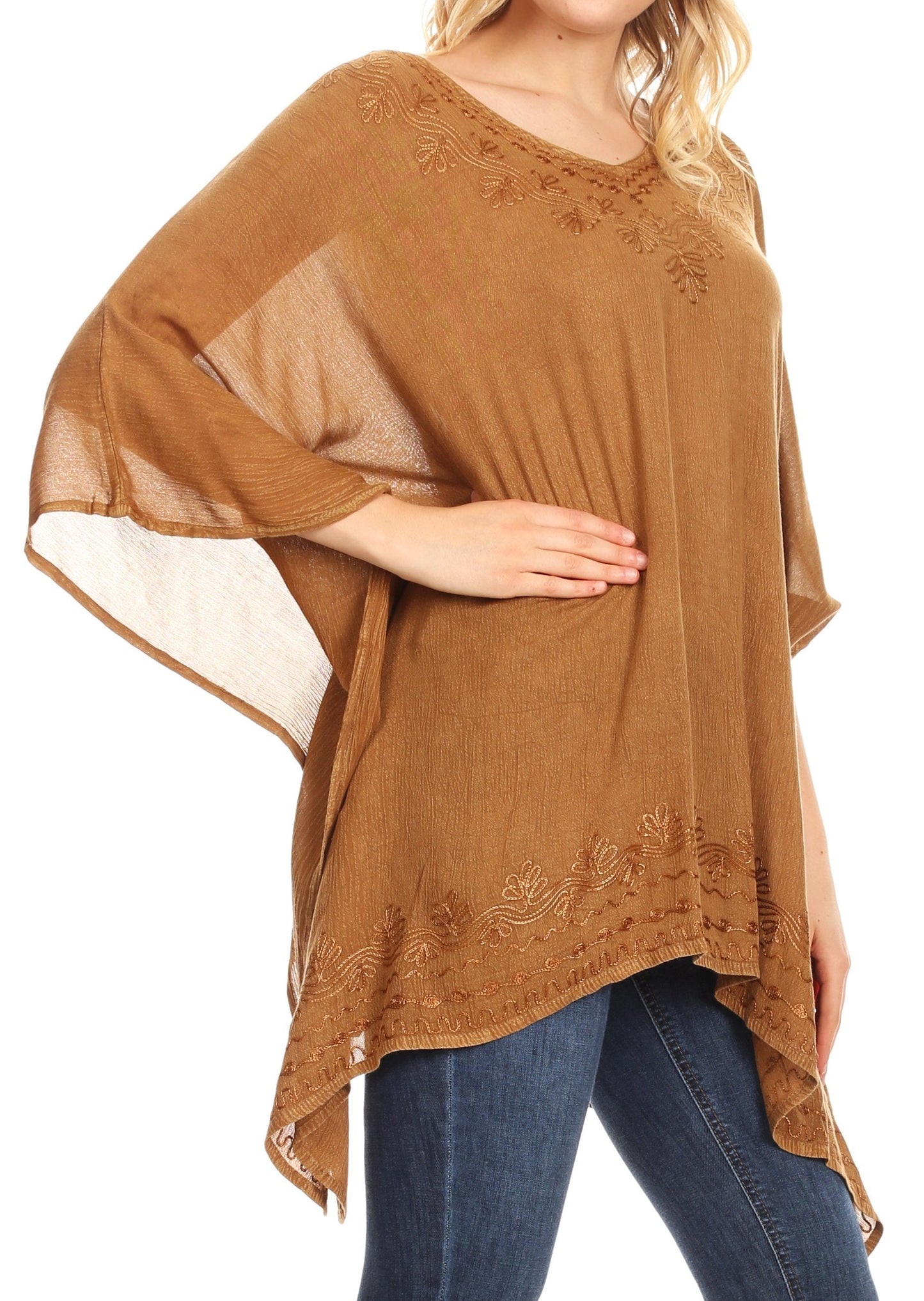 Sakkas Regina Women's Lightweight Stonewashed Poncho Top Blouse Caftan Cover up - Concordia Style Boutique