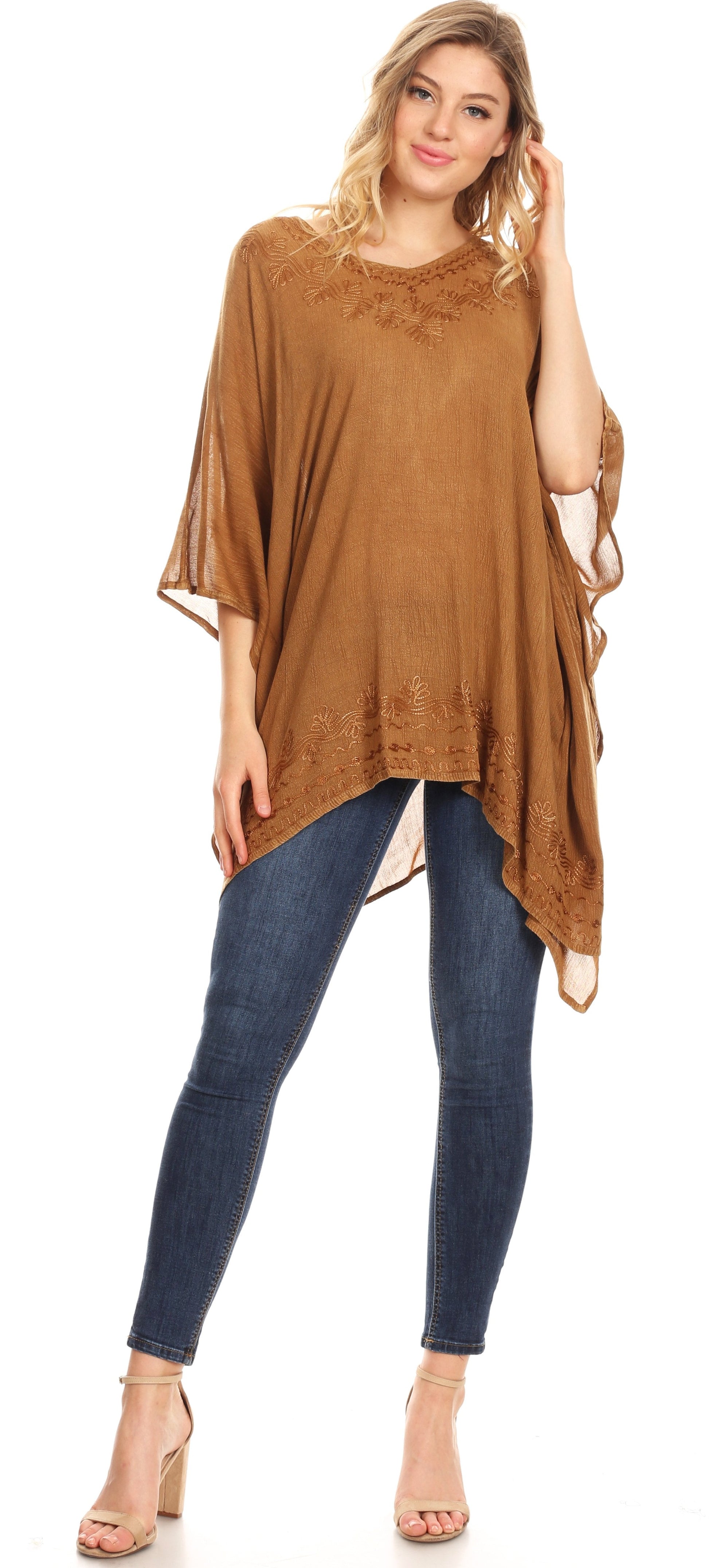 Sakkas Regina Women's Lightweight Stonewashed Poncho Top Blouse Caftan Cover up - Concordia Style Boutique
