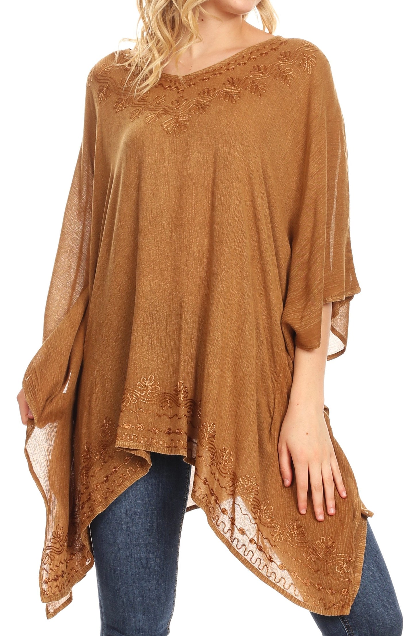 Sakkas Regina Women's Lightweight Stonewashed Poncho Top Blouse Caftan Cover up - Concordia Style Boutique