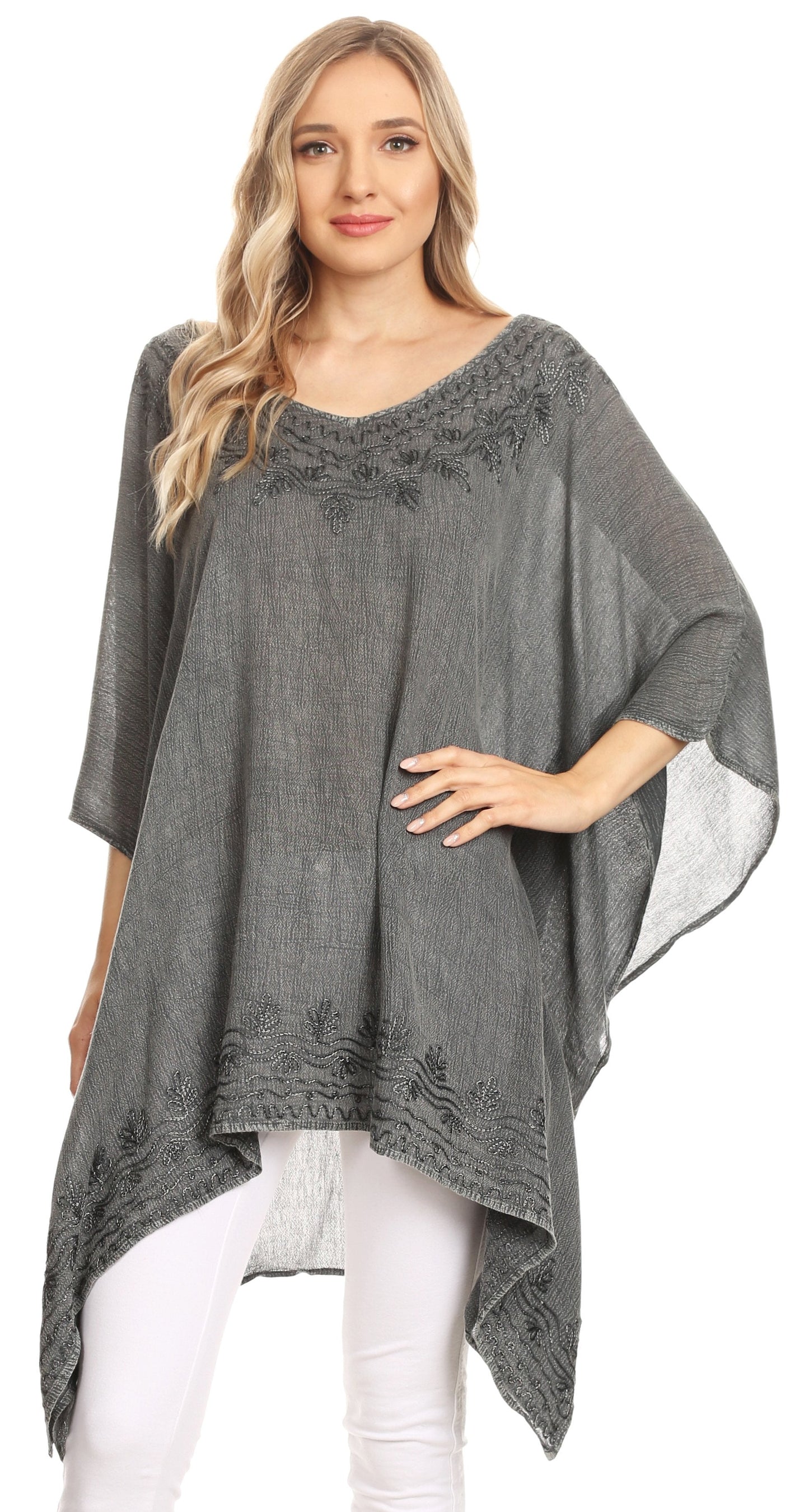 Sakkas Regina Women's Lightweight Stonewashed Poncho Top Blouse Caftan Cover up - Concordia Style Boutique