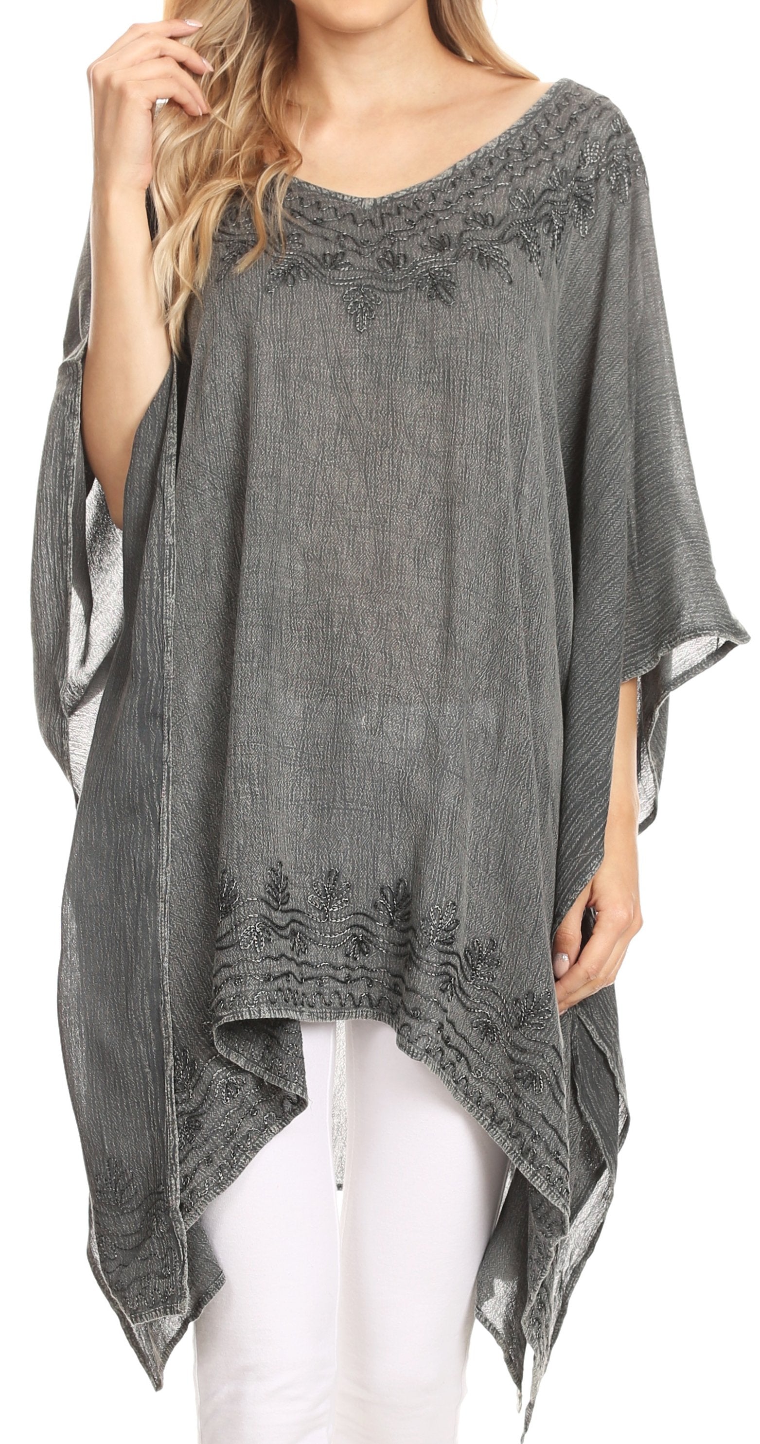 Sakkas Regina Women's Lightweight Stonewashed Poncho Top Blouse Caftan Cover up - Concordia Style Boutique