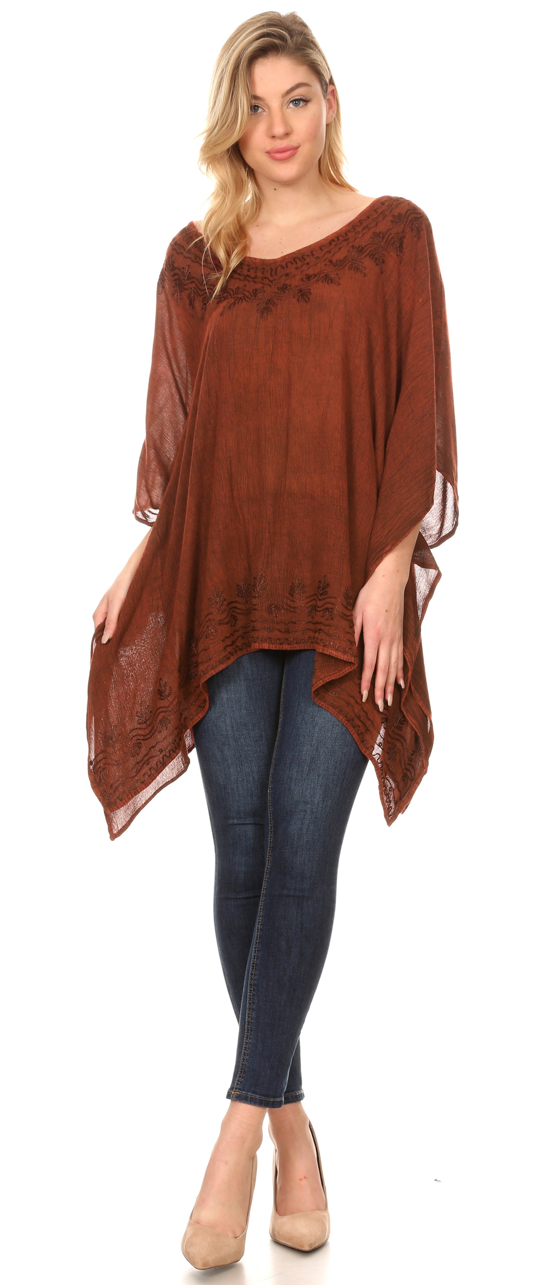 Sakkas Regina Women's Lightweight Stonewashed Poncho Top Blouse Caftan Cover up - Concordia Style Boutique