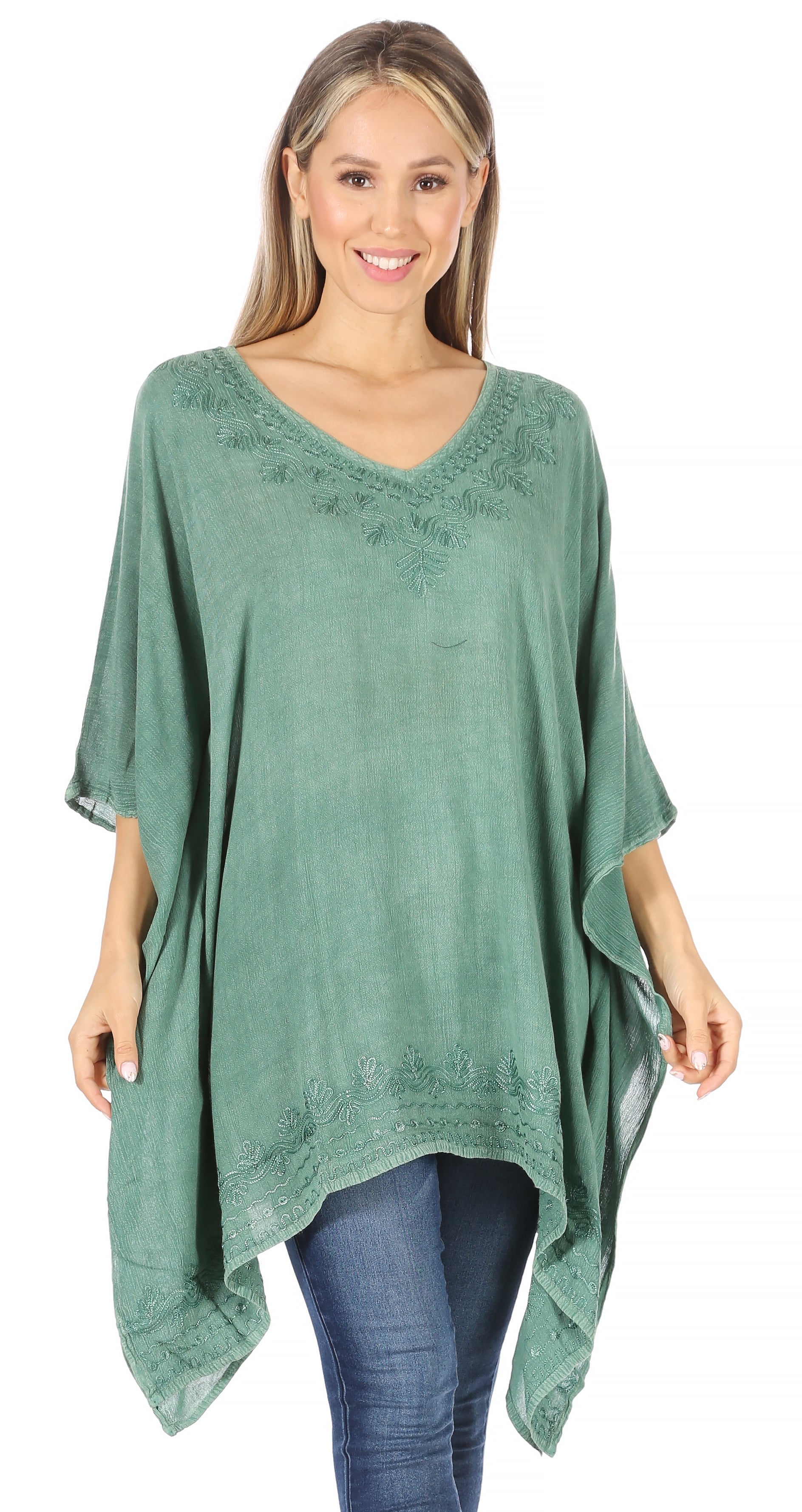 Sakkas Regina Women's Lightweight Stonewashed Poncho Top Blouse Caftan Cover up - Concordia Style Boutique