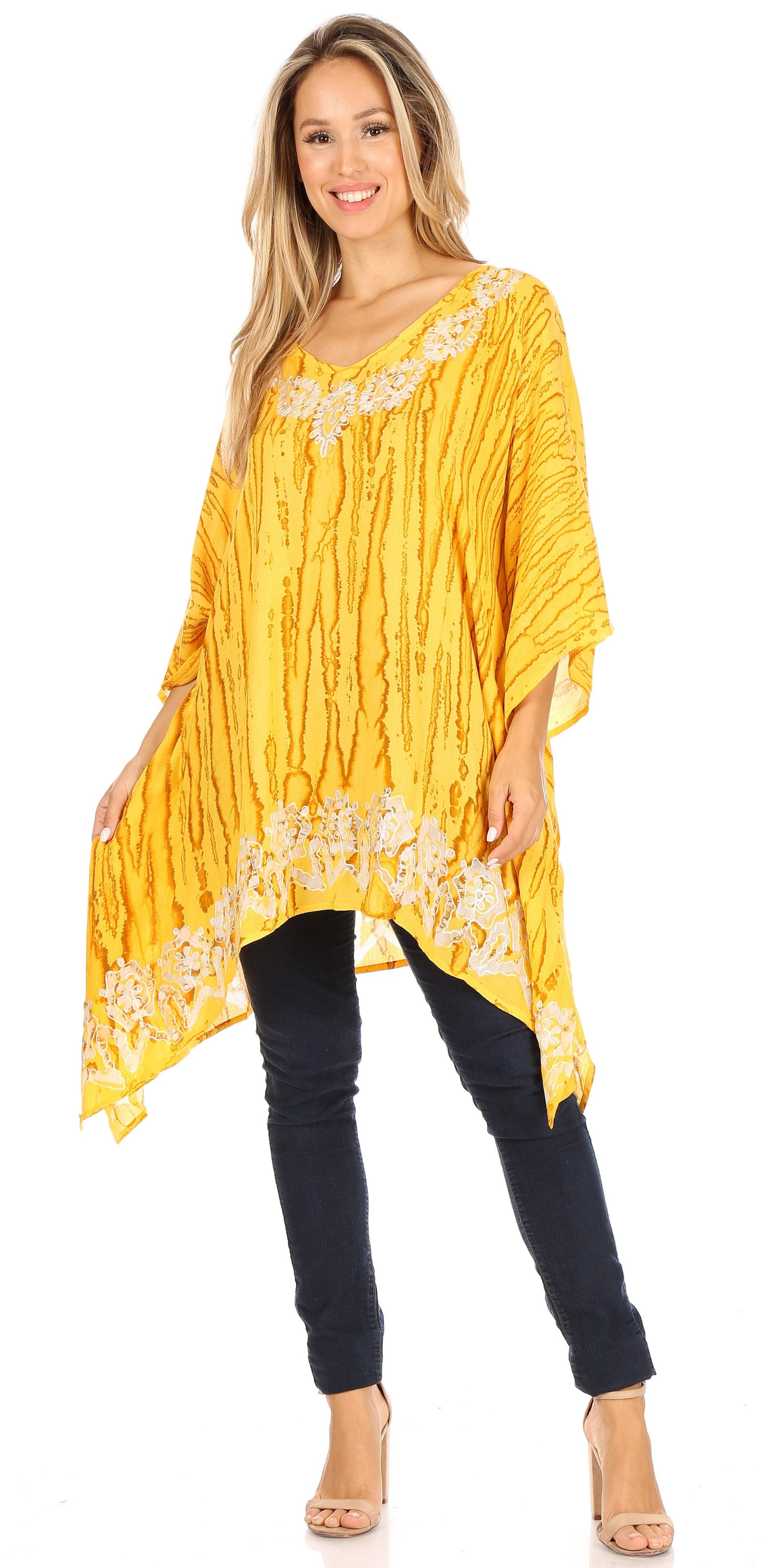 Sakkas Alizia Lightweight Embroidery Batik Top Tunic Blouse Caftan Cover up Poncho - Concordia Style Boutique