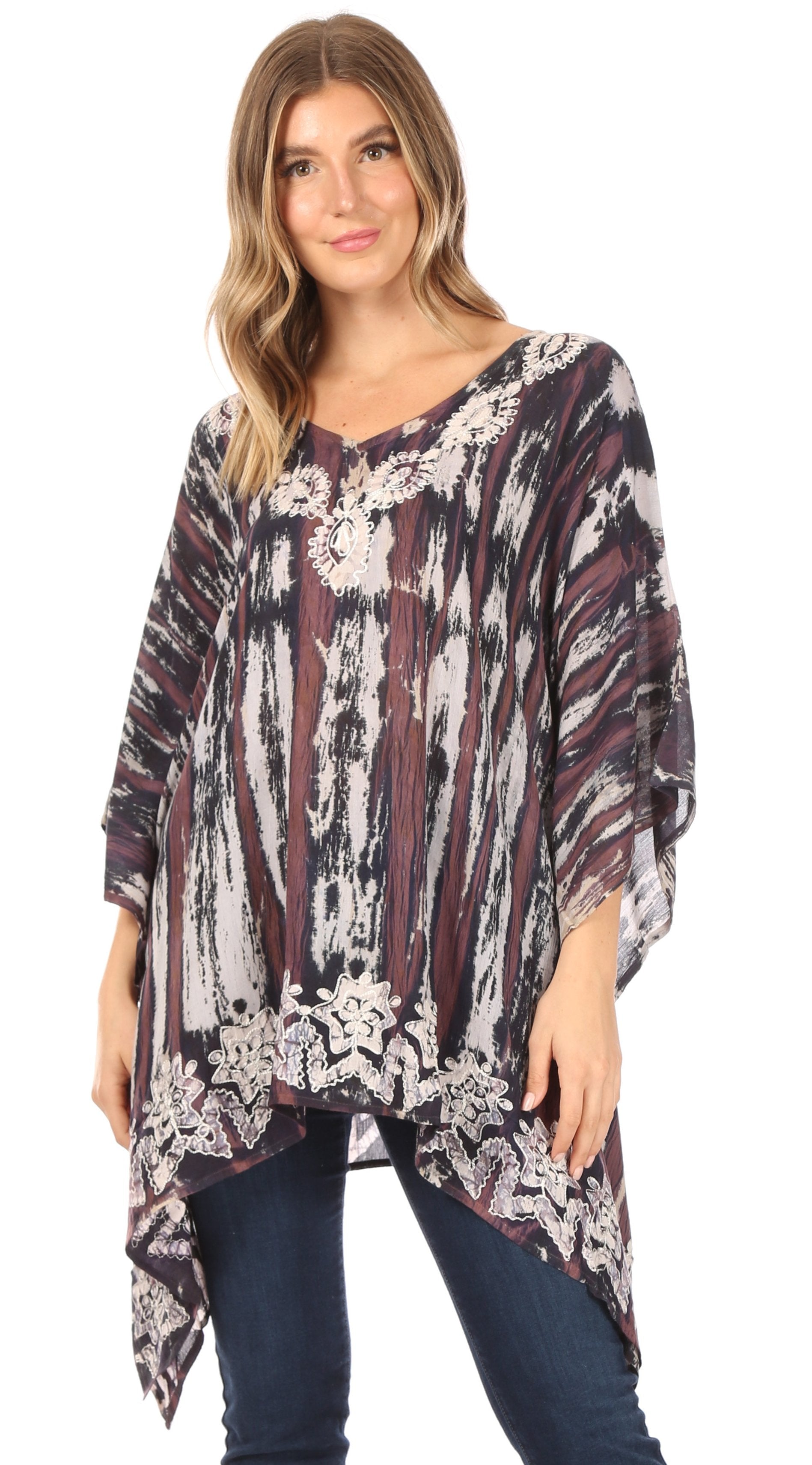 Sakkas Alizia Lightweight Embroidery Batik Top Tunic Blouse Caftan Cover up Poncho - Concordia Style Boutique