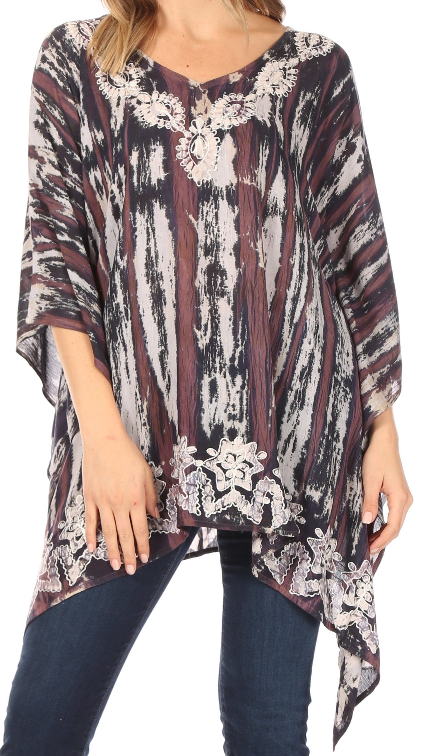 Sakkas Alizia Lightweight Embroidery Batik Top Tunic Blouse Caftan Cover up Poncho - Concordia Style Boutique