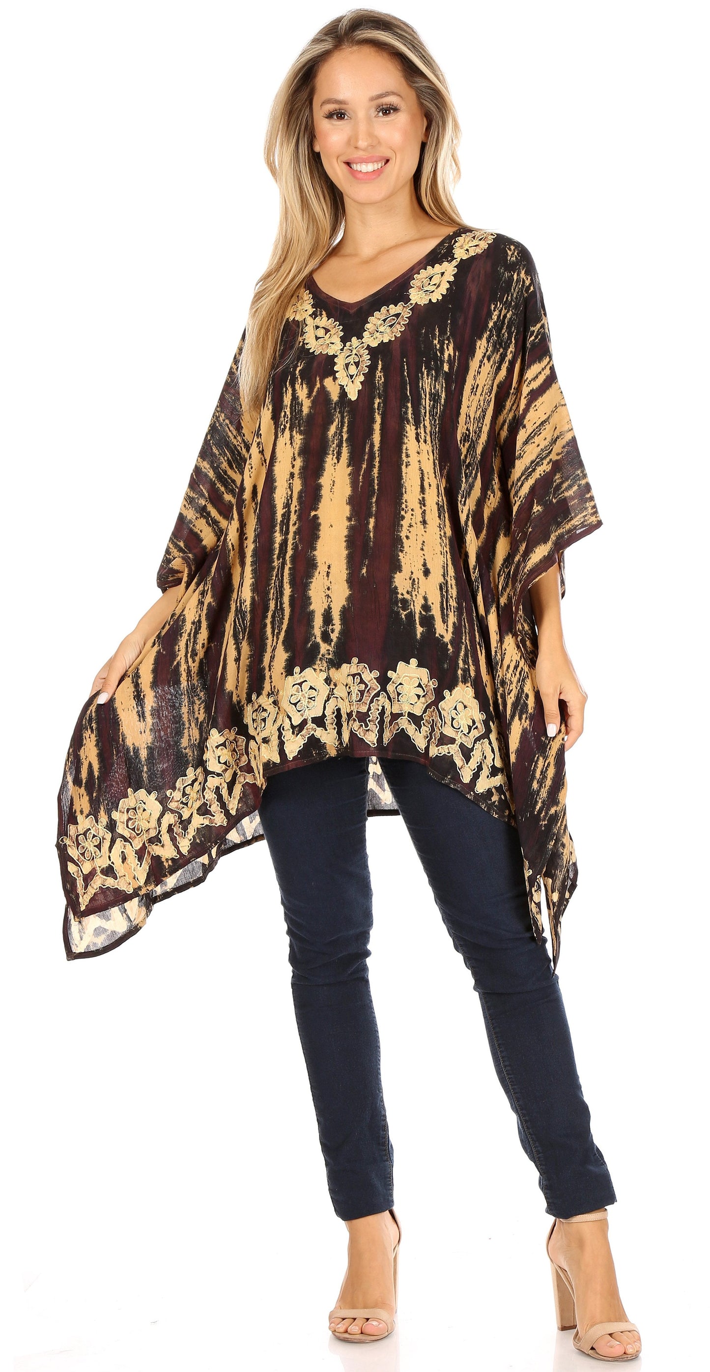Sakkas Alizia Lightweight Embroidery Batik Top Tunic Blouse Caftan Cover up Poncho - Concordia Style Boutique