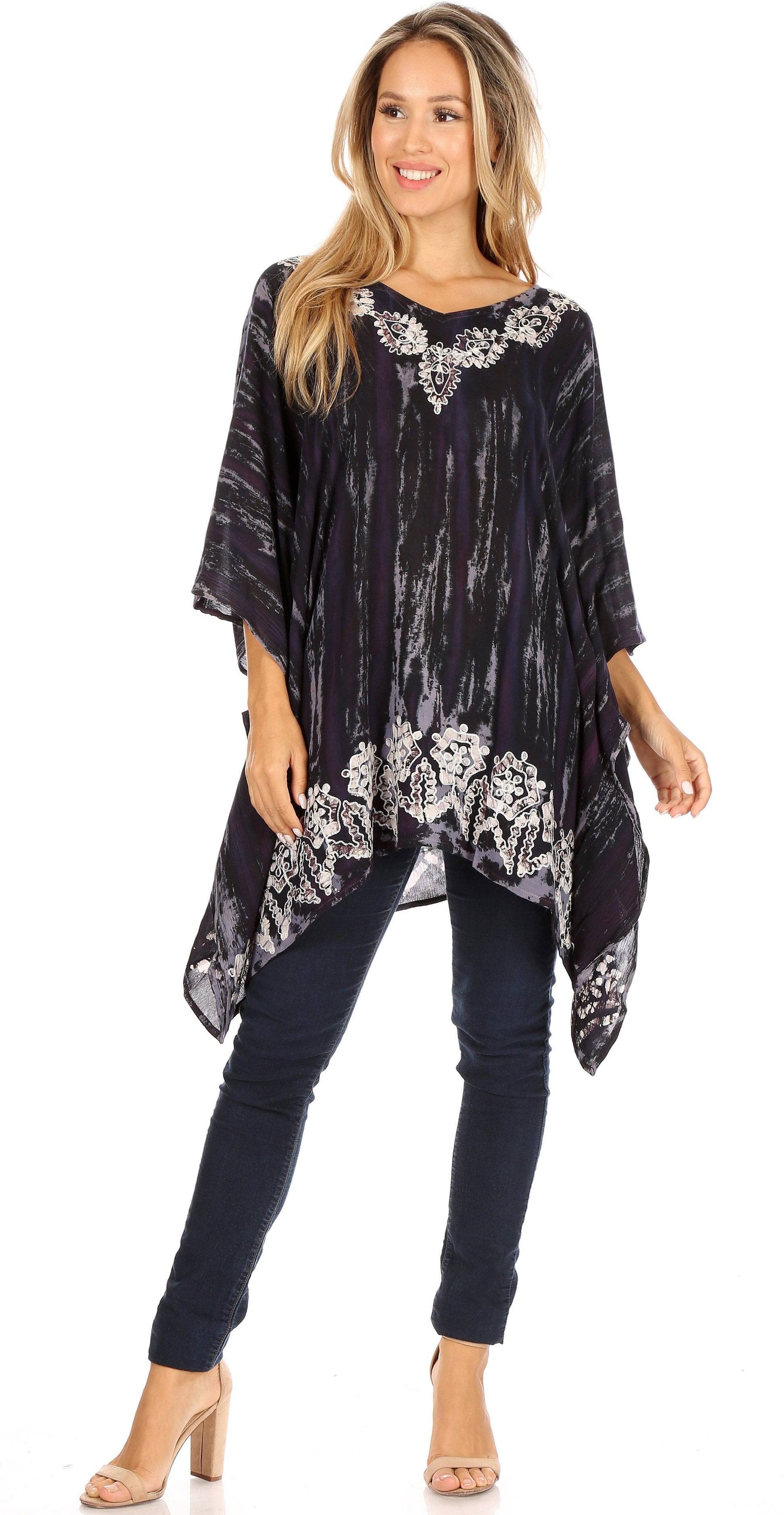 Sakkas Alizia Lightweight Embroidery Batik Top Tunic Blouse Caftan Cover up Poncho - Concordia Style Boutique