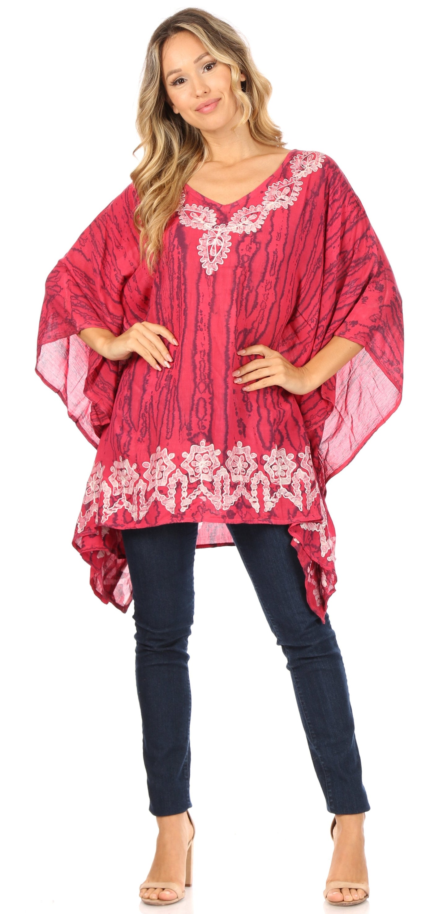 Sakkas Alizia Lightweight Embroidery Batik Top Tunic Blouse Caftan Cover up Poncho - Concordia Style Boutique