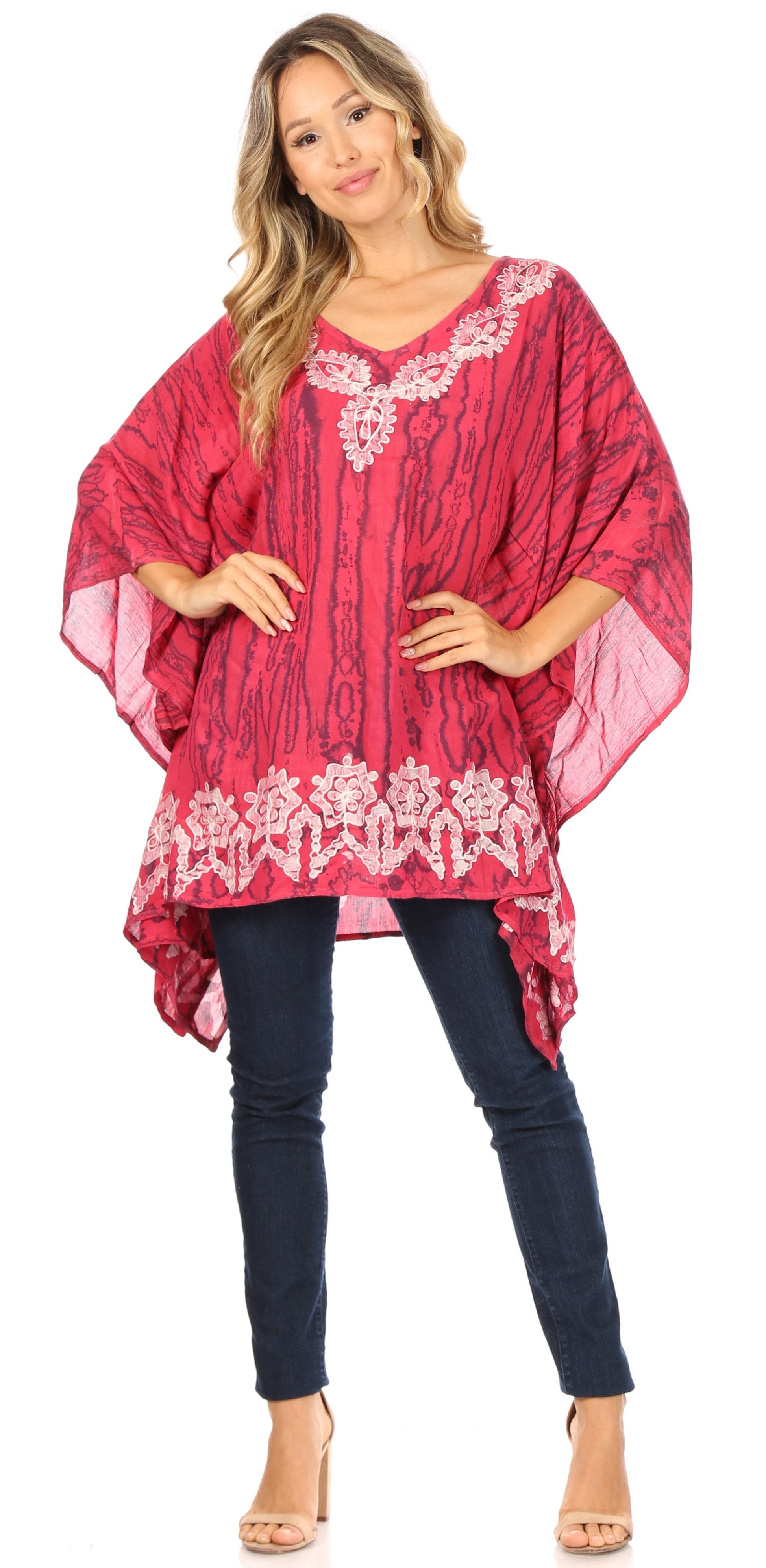 Sakkas Alizia Lightweight Embroidery Batik Top Tunic Blouse Caftan Cover up Poncho - Concordia Style Boutique