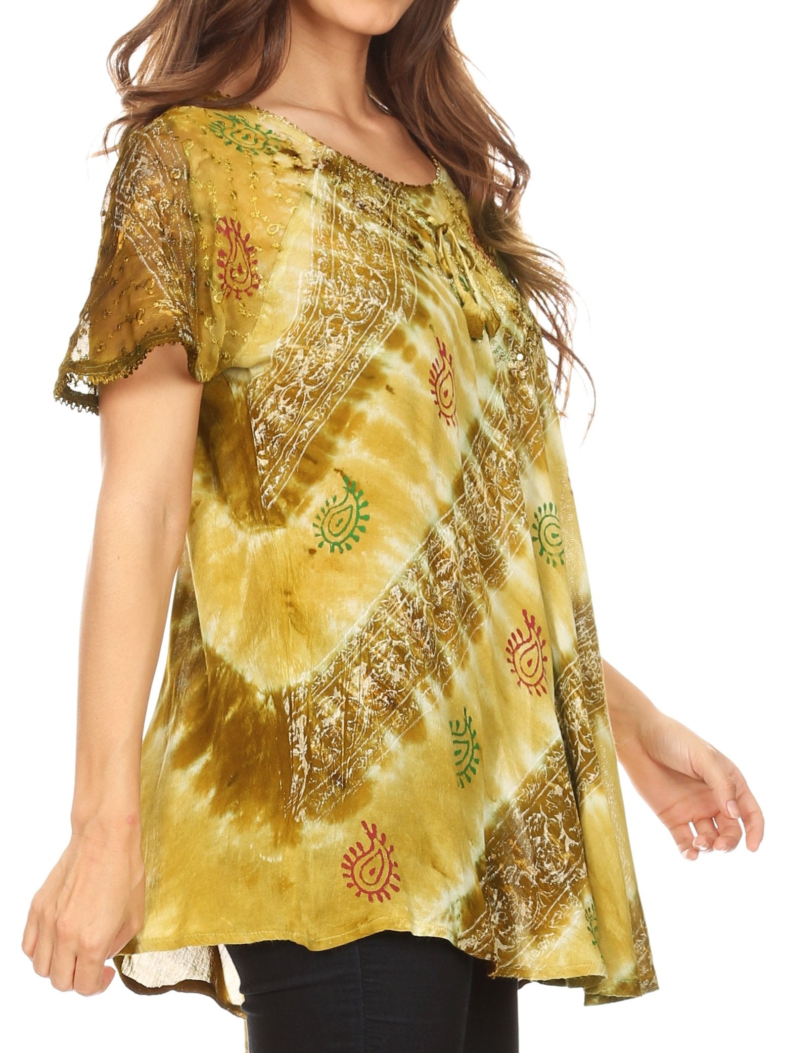 Sakkas Flavia Womens Everyday Blouse Top with Tie-dye & Block Print Light and Soft - Concordia Style Boutique