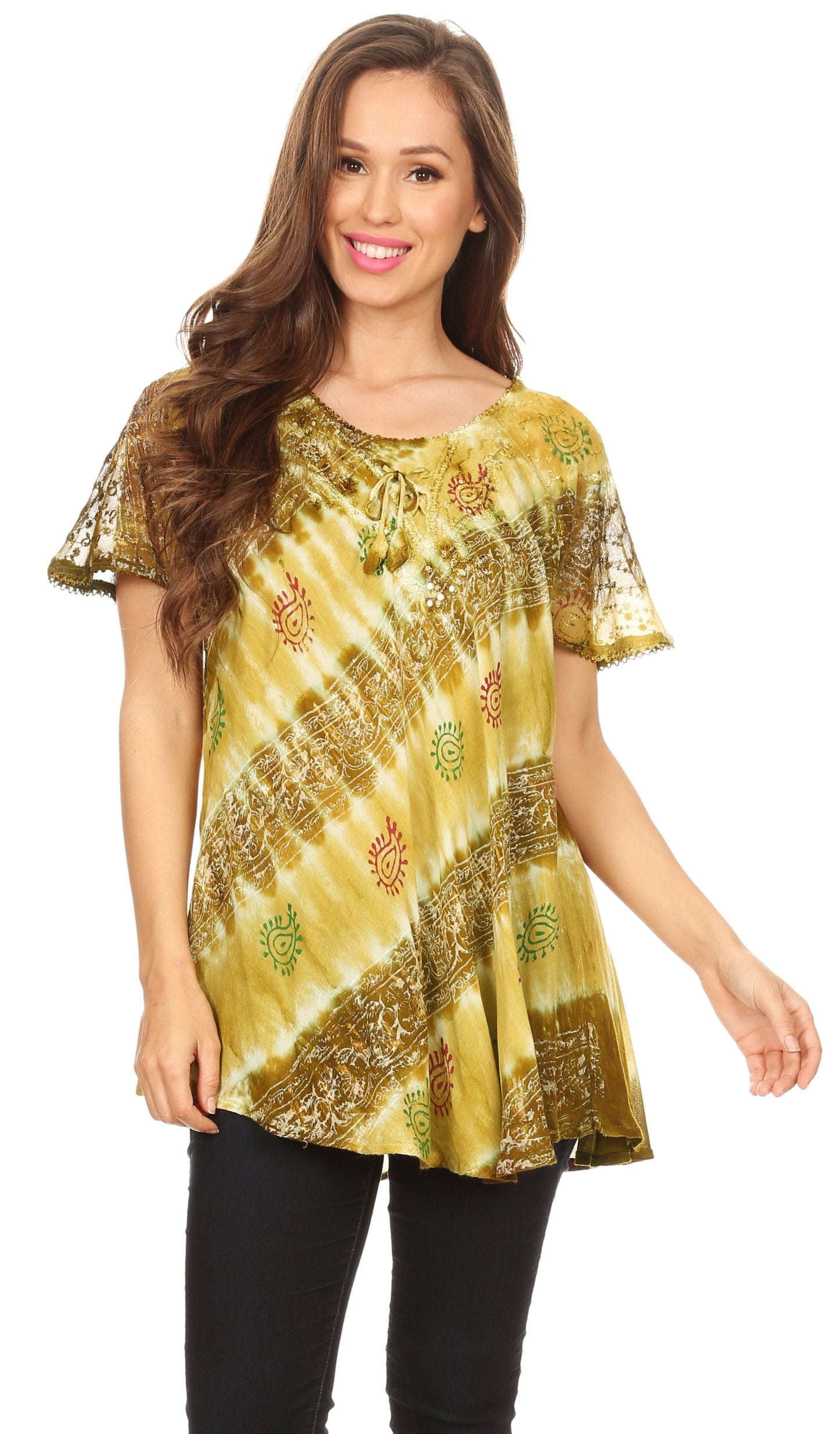 Sakkas Flavia Womens Everyday Blouse Top with Tie-dye & Block Print Light and Soft - Concordia Style Boutique