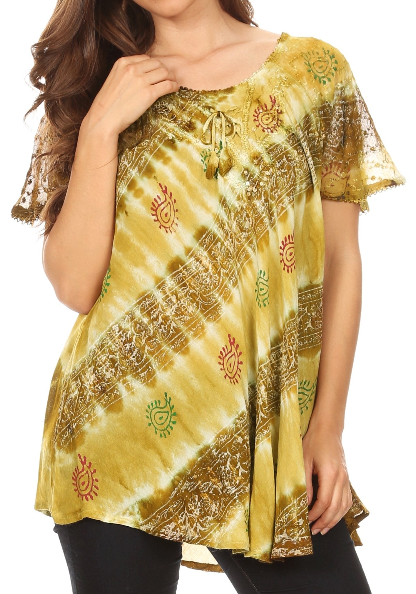 Sakkas Flavia Womens Everyday Blouse Top with Tie-dye & Block Print Light and Soft - Concordia Style Boutique