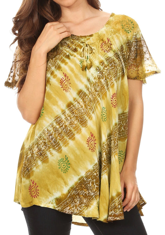 Sakkas Flavia Womens Everyday Blouse Top with Tie-dye & Block Print Light and Soft - Concordia Style Boutique