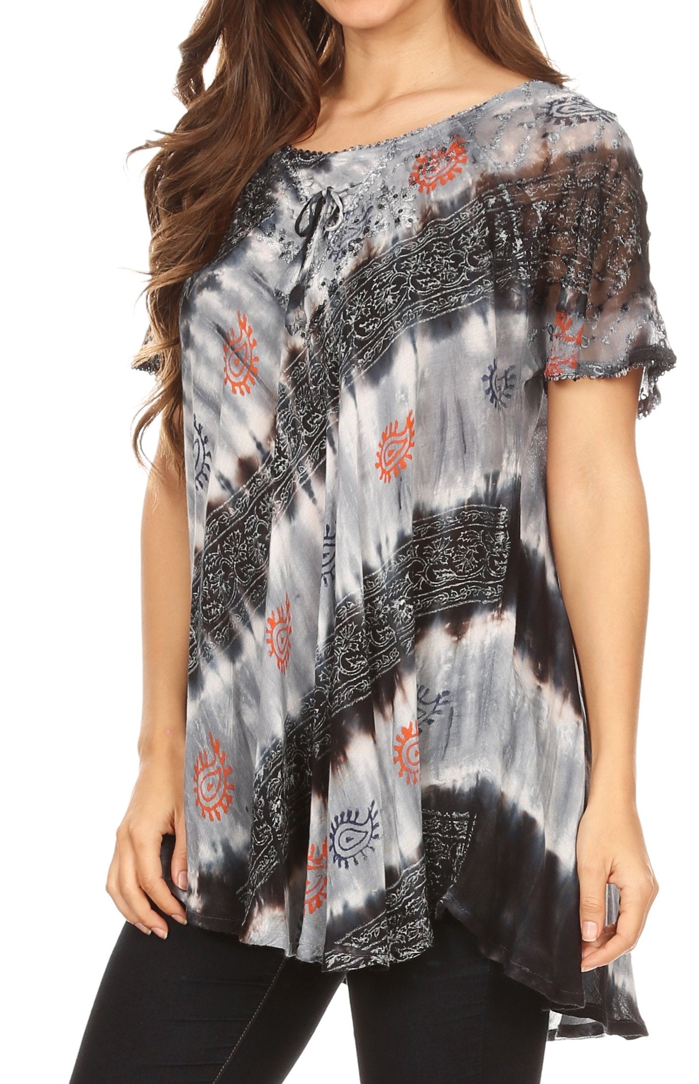Sakkas Flavia Womens Everyday Blouse Top with Tie-dye & Block Print Light and Soft - Concordia Style Boutique