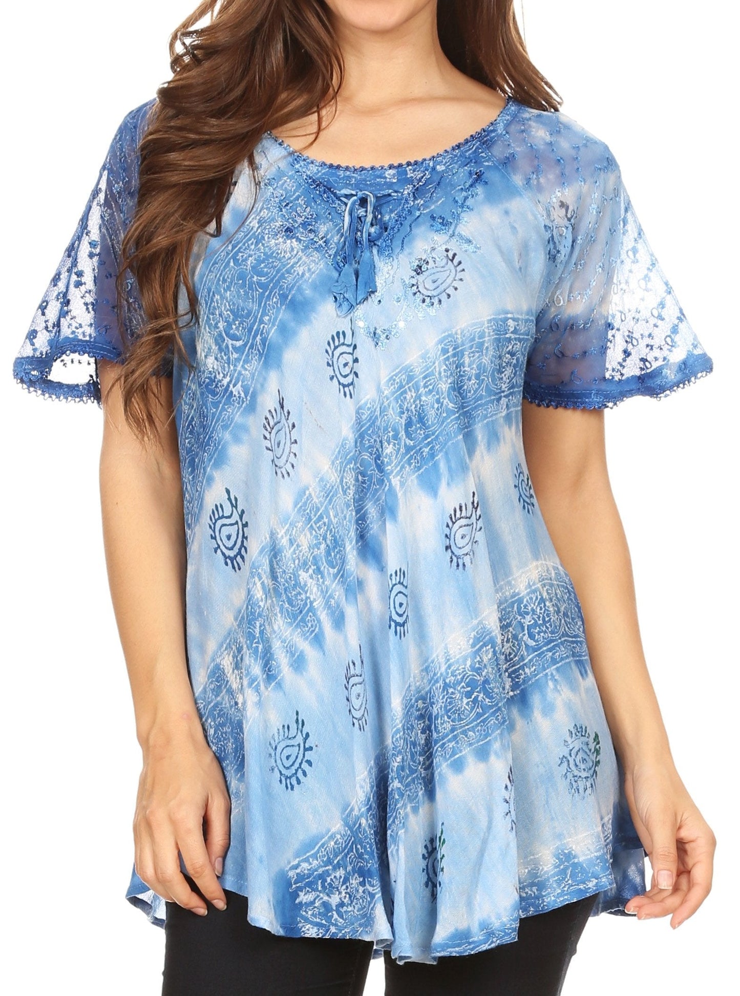 Sakkas Flavia Womens Everyday Blouse Top with Tie-dye & Block Print Light and Soft - Concordia Style Boutique