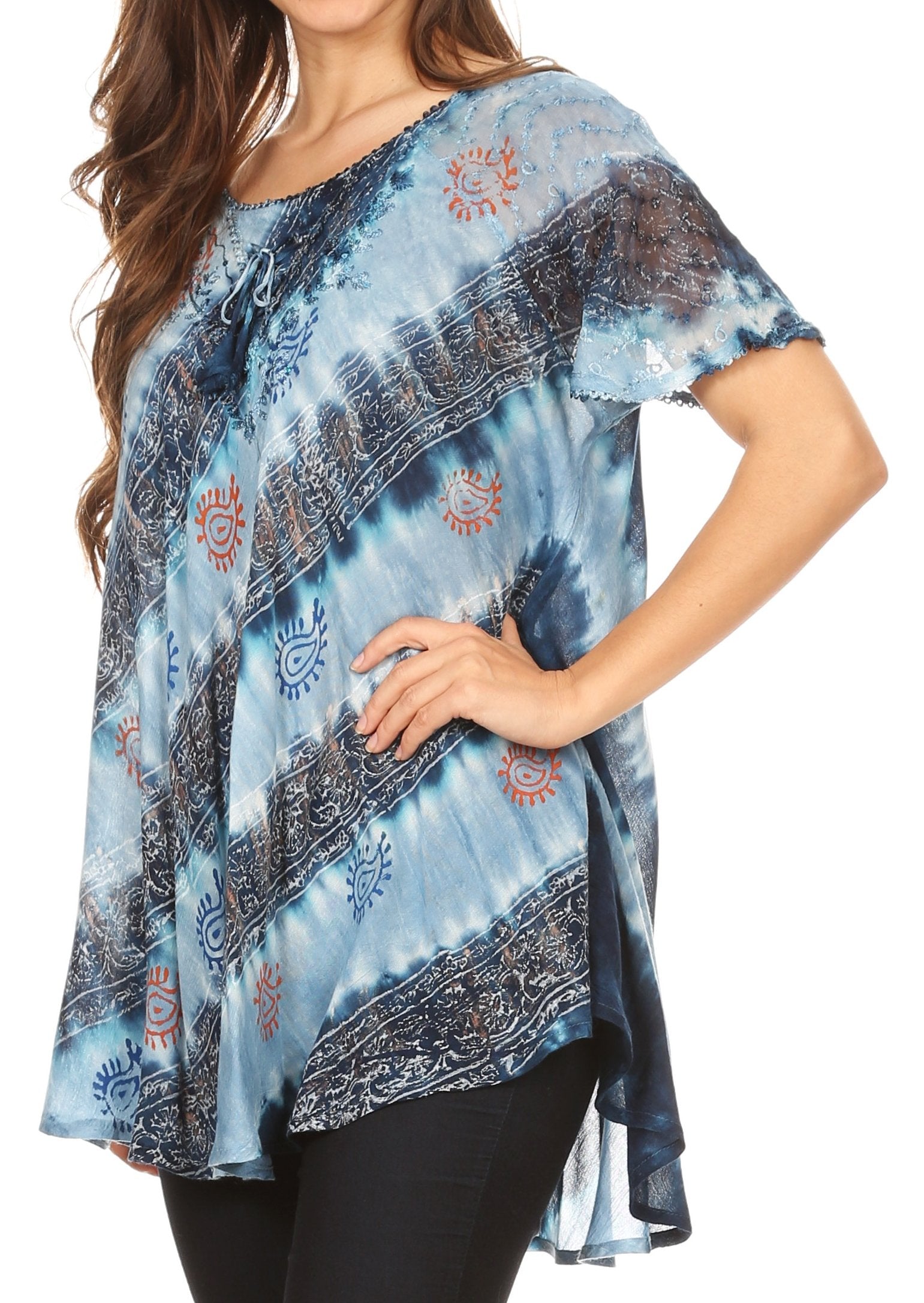 Sakkas Flavia Womens Everyday Blouse Top with Tie-dye & Block Print Light and Soft - Concordia Style Boutique