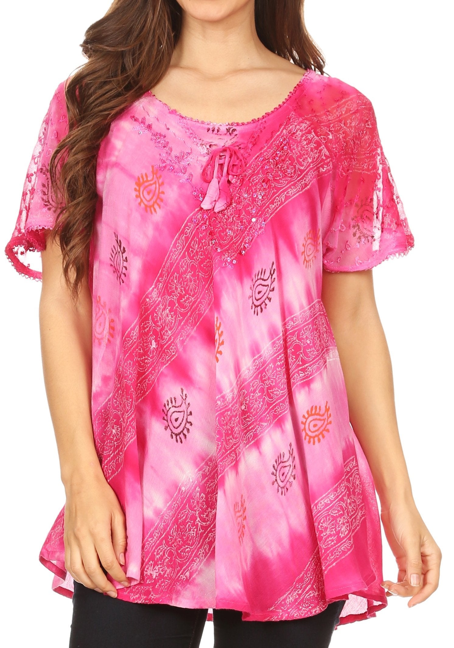 Sakkas Flavia Womens Everyday Blouse Top with Tie-dye & Block Print Light and Soft - Concordia Style Boutique