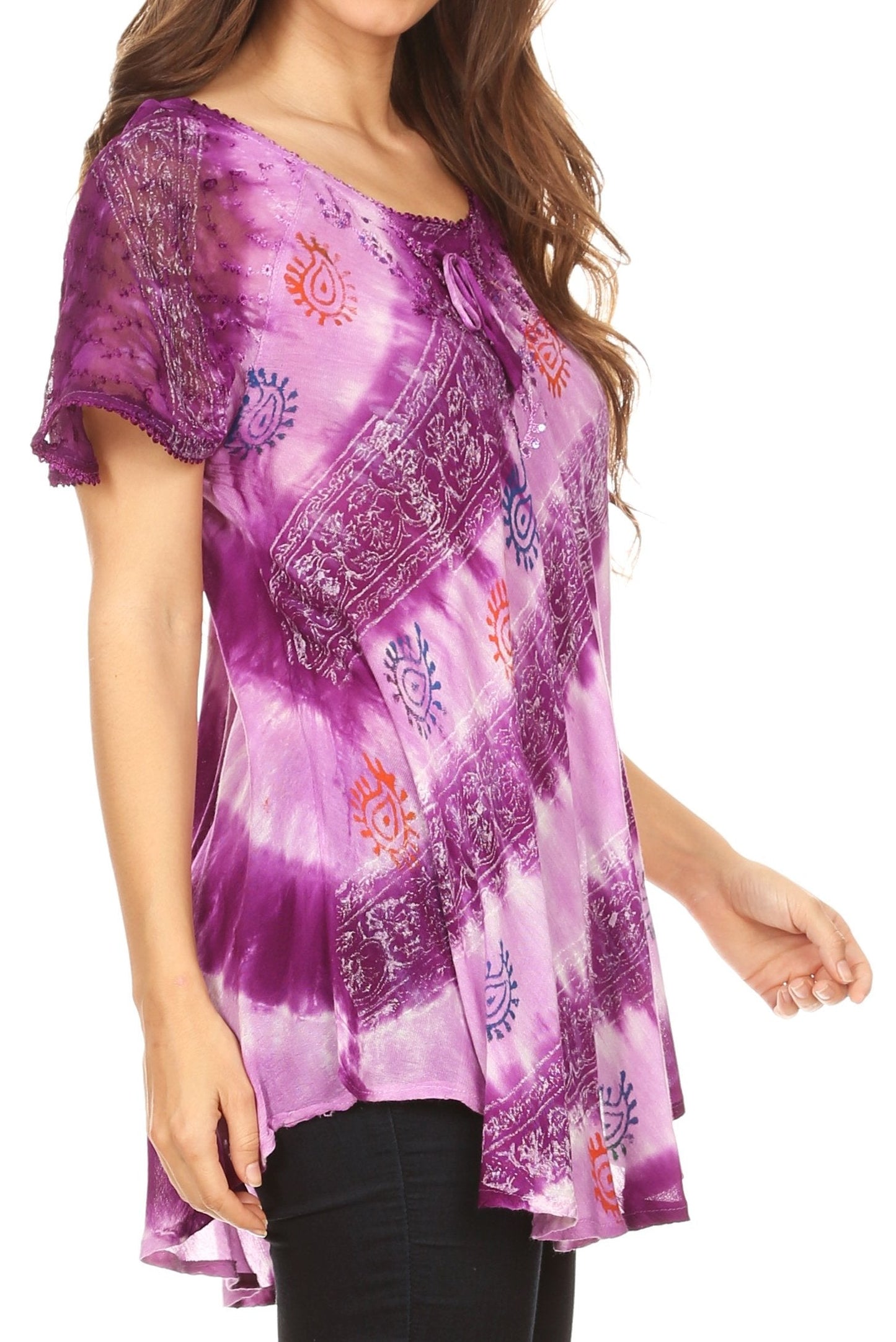 Sakkas Flavia Womens Everyday Blouse Top with Tie-dye & Block Print Light and Soft - Concordia Style Boutique