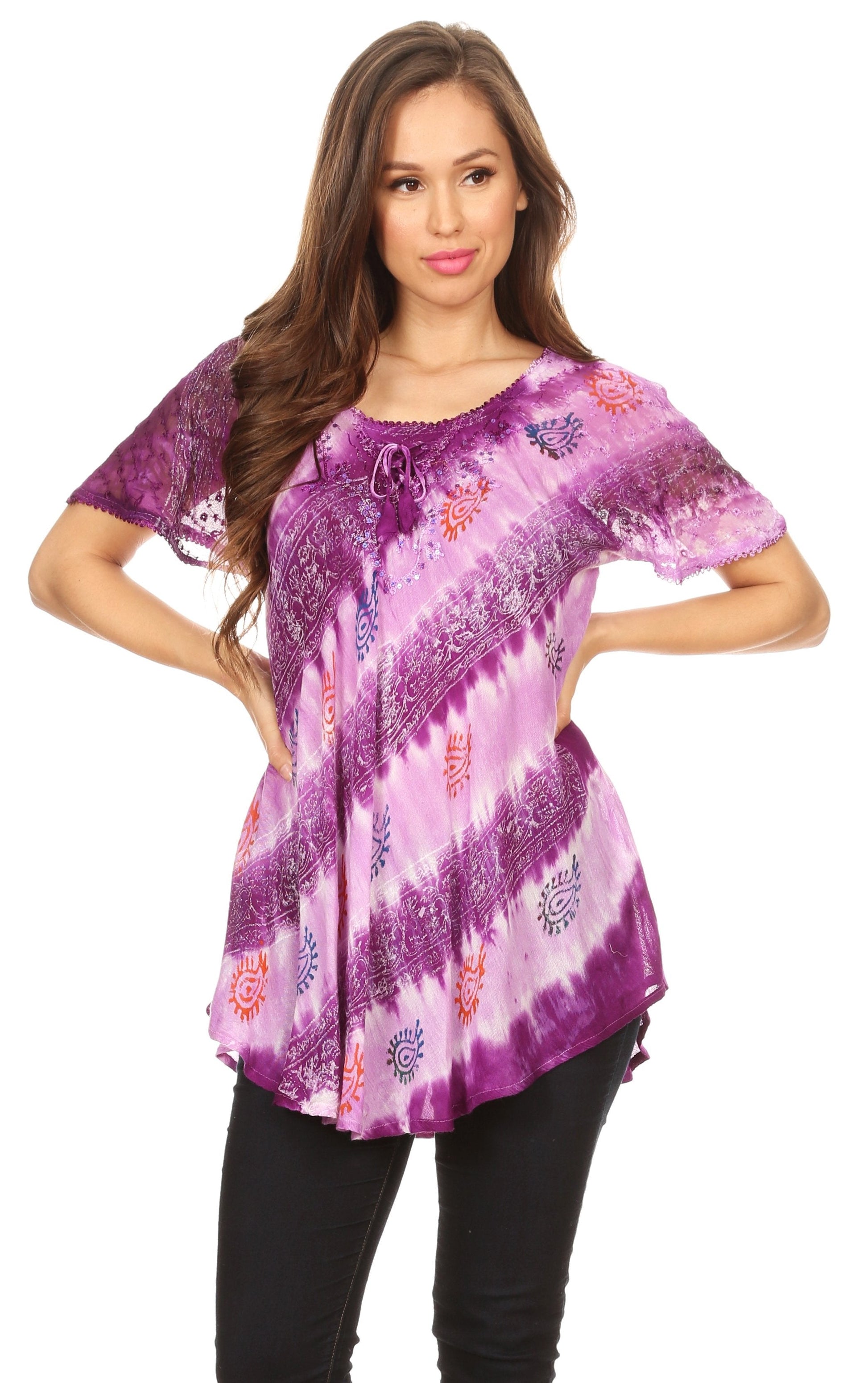 Sakkas Flavia Womens Everyday Blouse Top with Tie-dye & Block Print Light and Soft - Concordia Style Boutique